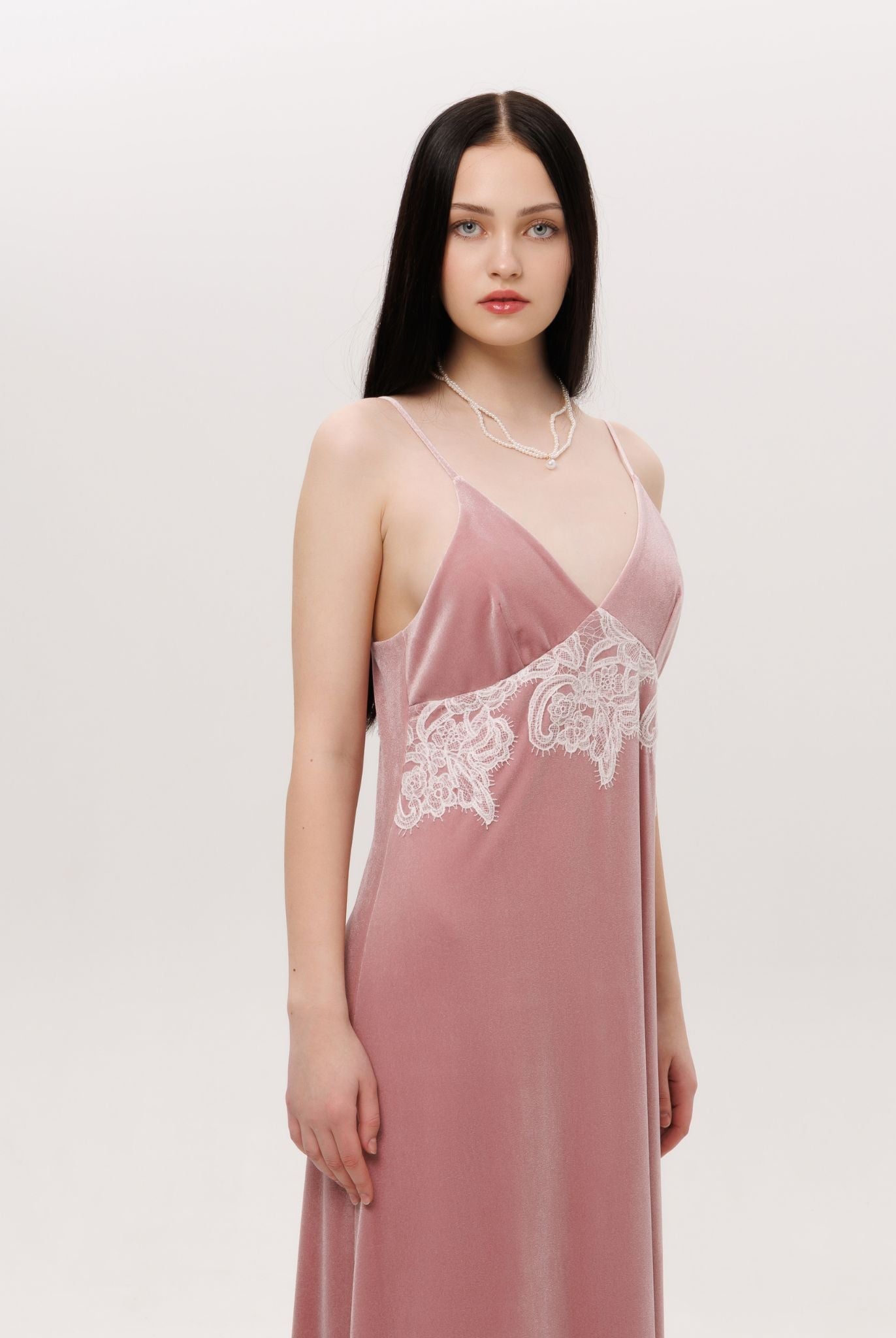 Mid-length shot of the long nightgown, featuring bias-cut lines that drape gracefully over the body.