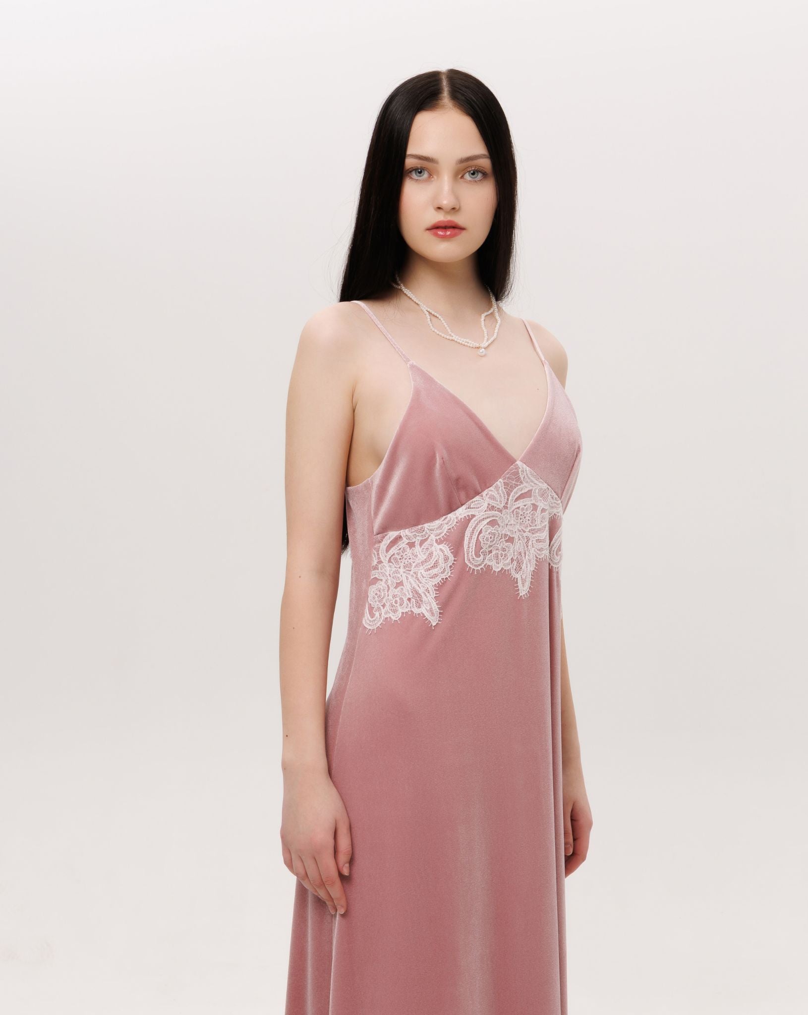 Mid-length shot of the long nightgown, featuring bias-cut lines that drape gracefully over the body.