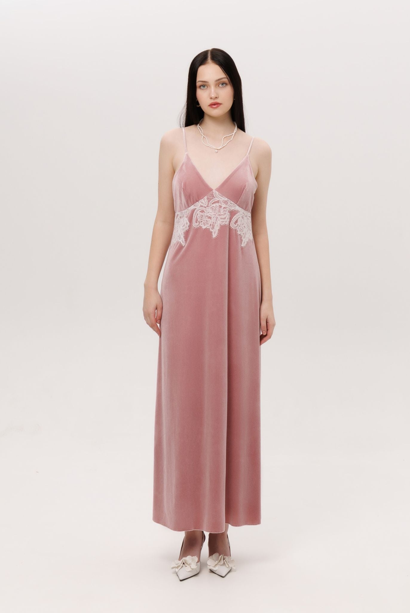Frontal view of the nightgown, emphasizing the regal presence and flowing silhouette of the fabric.