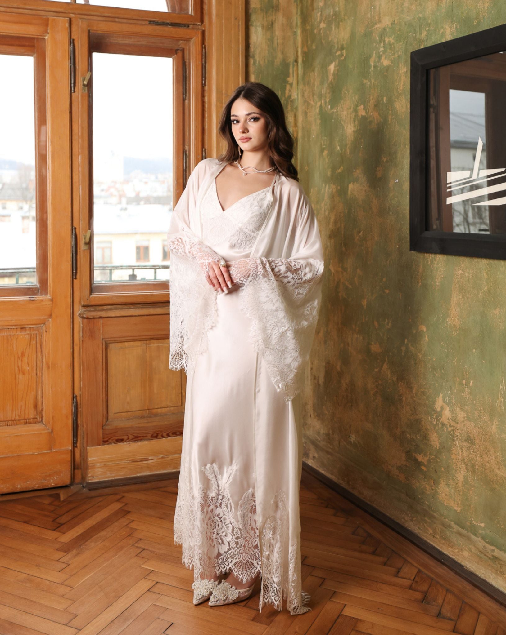Full-length bridal look in the Silk Robe and Nightgown Set, perfect for morning preparations or elegant lounging.