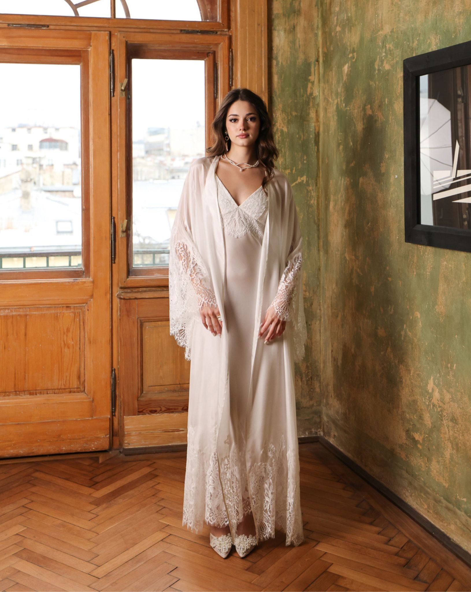 Standing full-length view of the Silk Robe and Nightgown Set, capturing the essence of bridal opulence and grace.