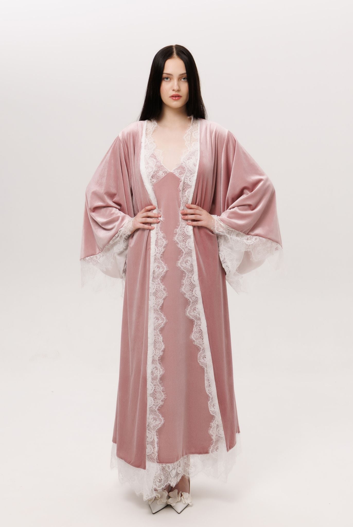 Full-length view of the Velvet Robe and Nightgown Set tied with a belt, illustrating a regal loungewear silhouette.