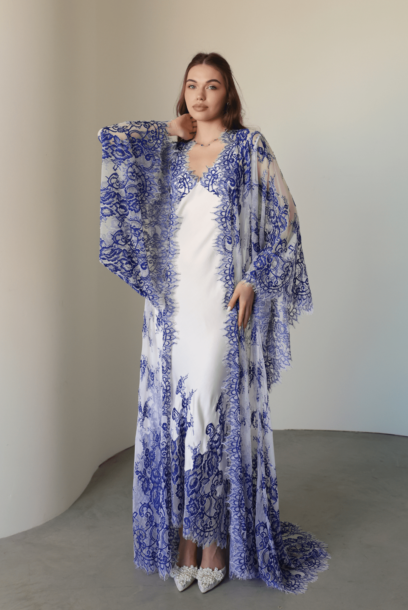 Frontal shot of the Robe and Nightgown Set, showcasing wide lace sleeves and a fluid, light silhouette.