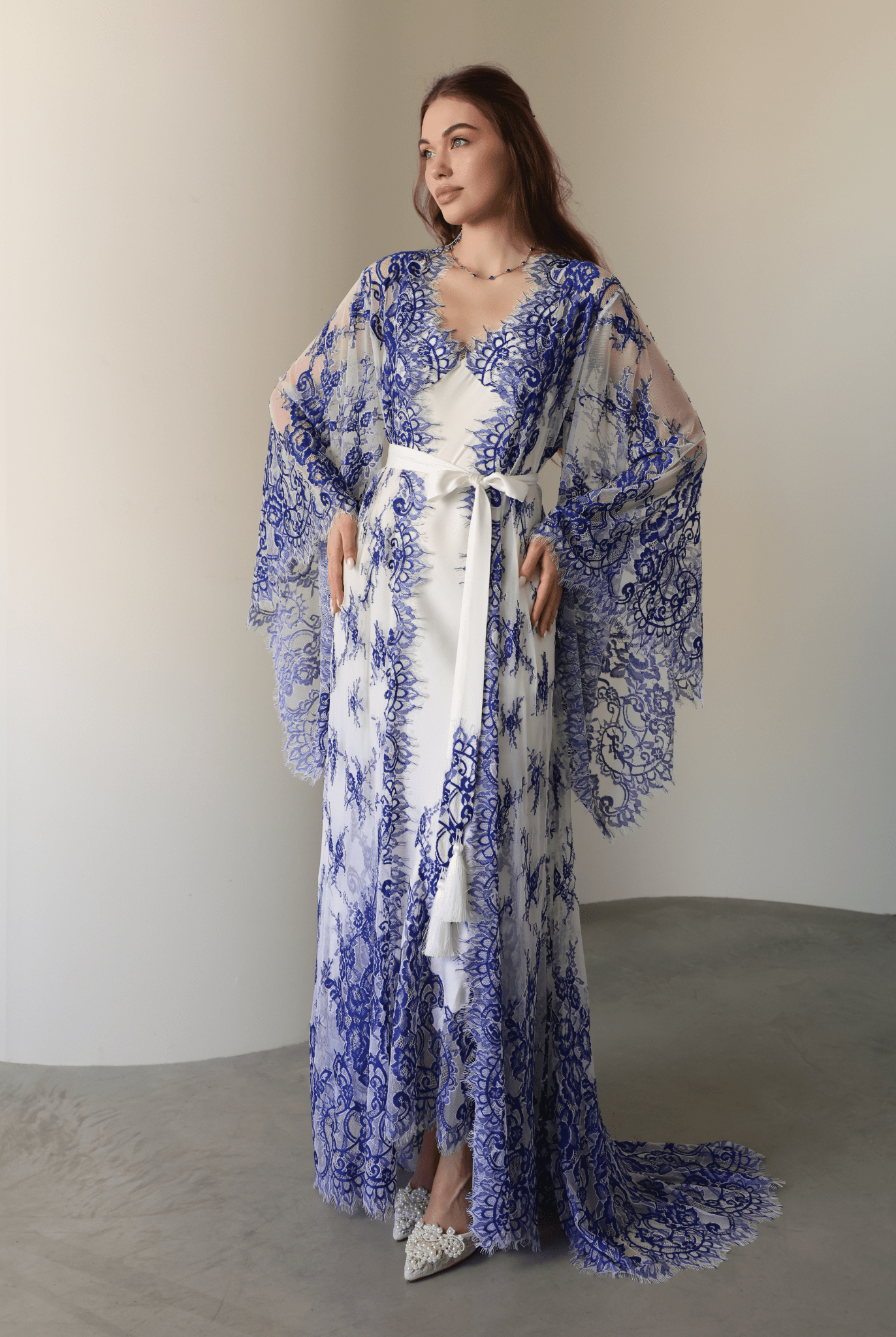 A full-height static shot of the Robe and Nightgown Set tied at the waist, illustrating a neat and elegant appearance.