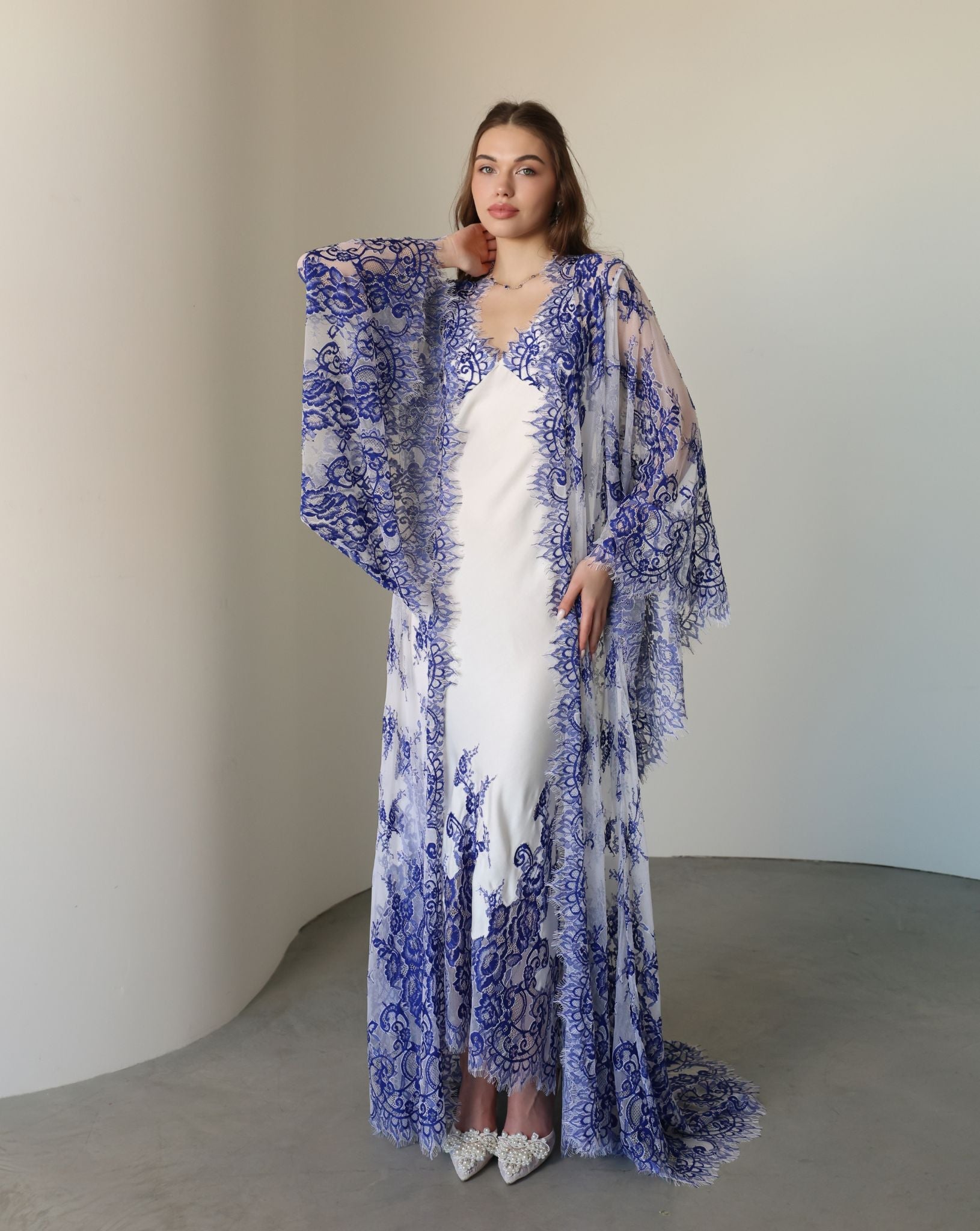 Frontal view of the Robe and Nightgown Set, showcasing the wide lace sleeves and light, airy feel of the attire.