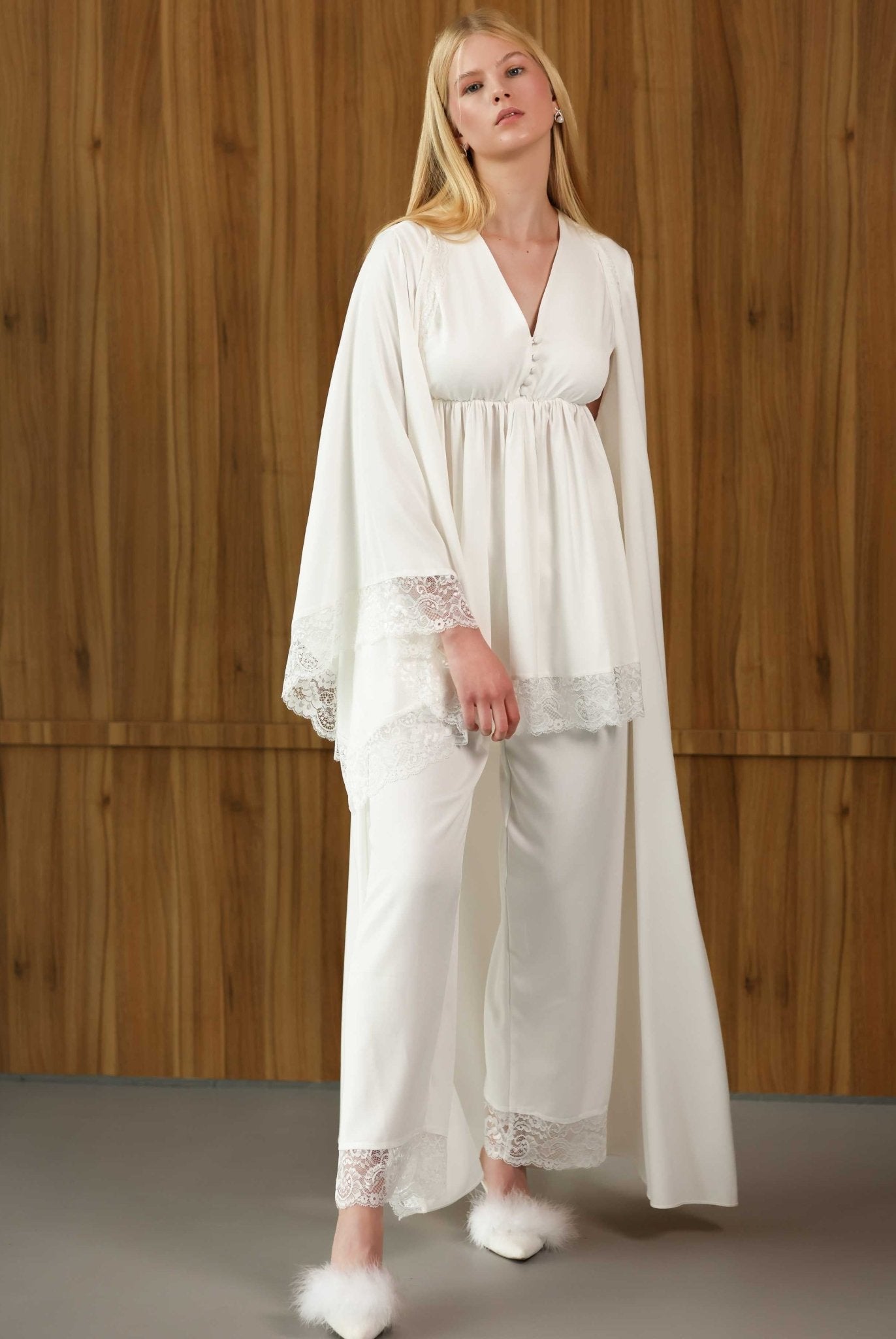 Woman wearing full cotton pajama set with lace-trimmed robe – Kafemme