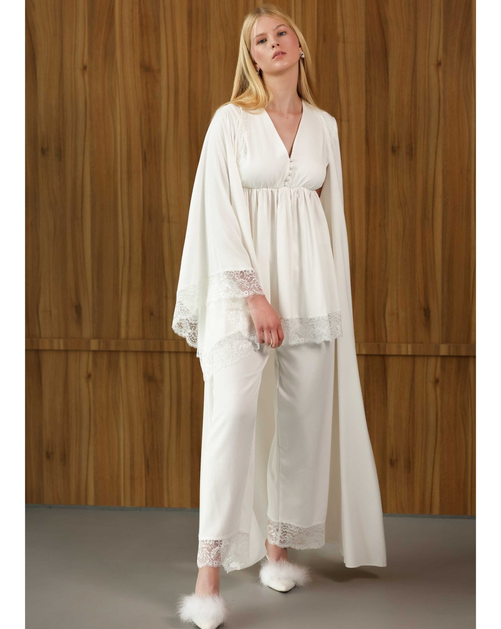 Woman wearing full cotton pajama set with lace-trimmed robe – Kafemme