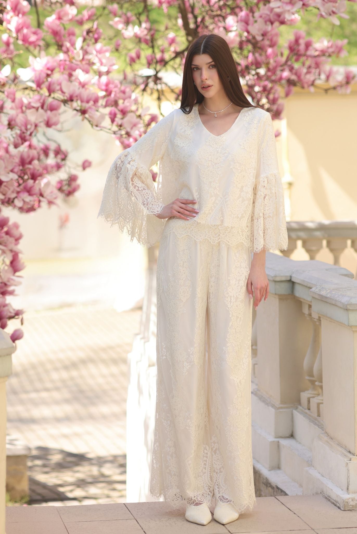 A full-length view of the attire, illustrating the soft drape of the viscose fabric and the relaxed, polished fit.