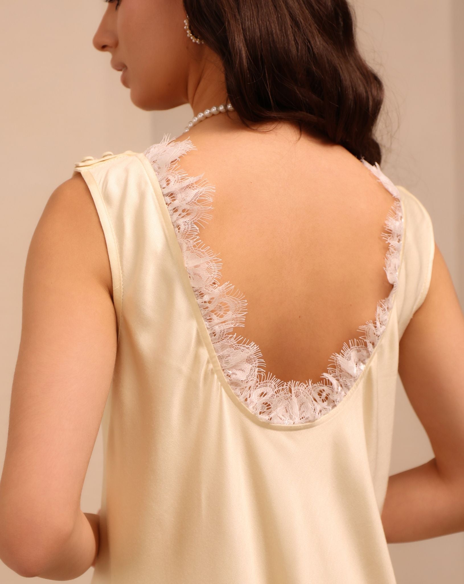 Detailed view of the nightgown’s back, capturing the smooth texture of the rayon and its effortless drape.