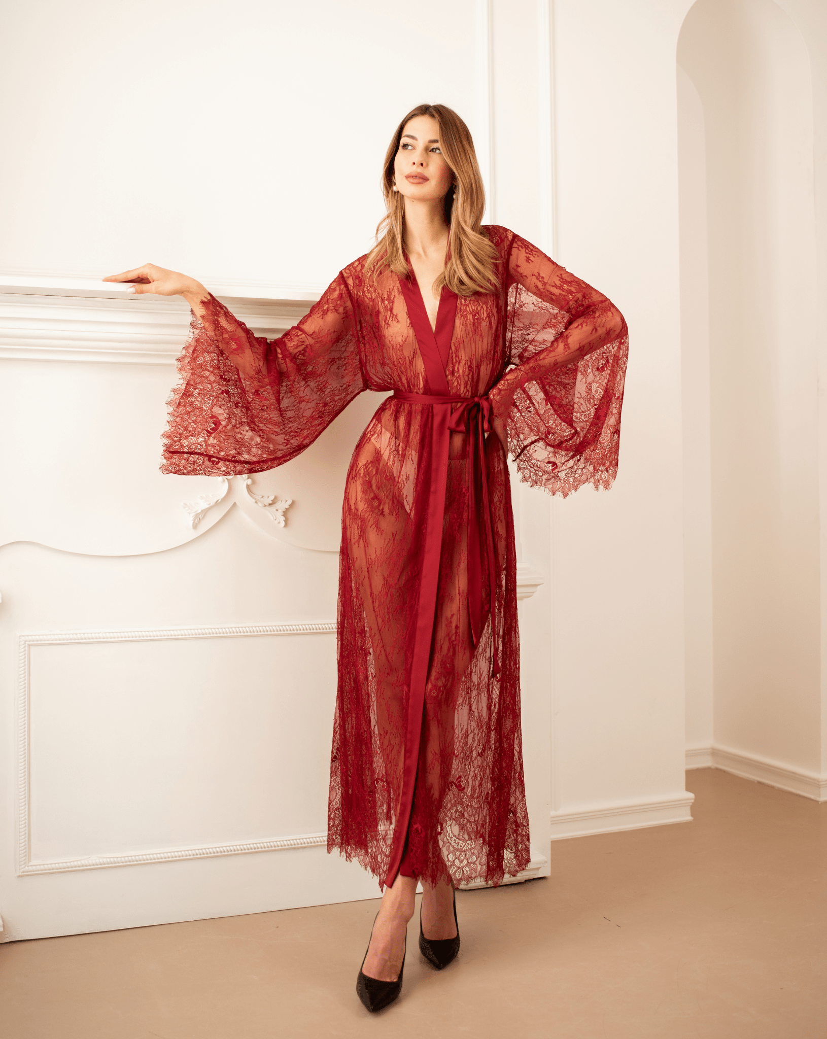 Model wearing red sheer lace robe with wide sleeves – Kafemme