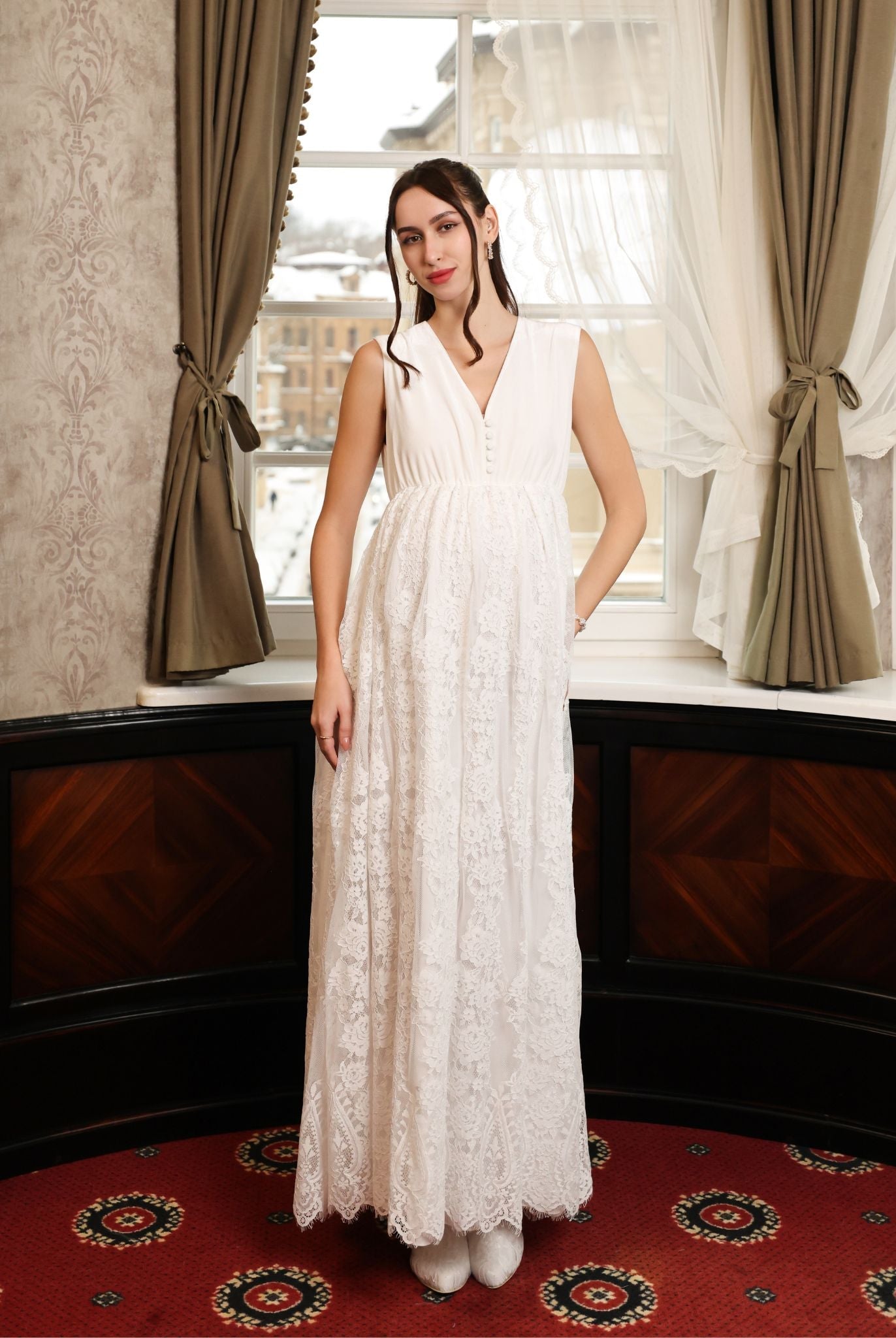 Frontal shot of the velvet top nightgown with a delicate lace skirt, designed for elegance and comfort.