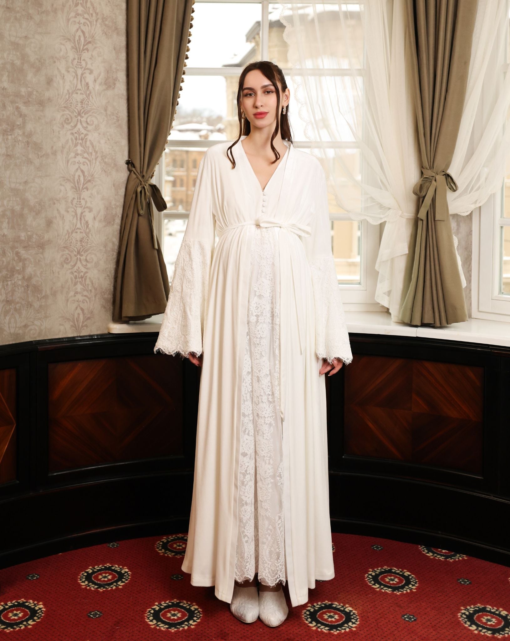 The complete Velvet Robe and Nightgown Set shown tied, representing an ensemble crafted with thoughtful elegance.