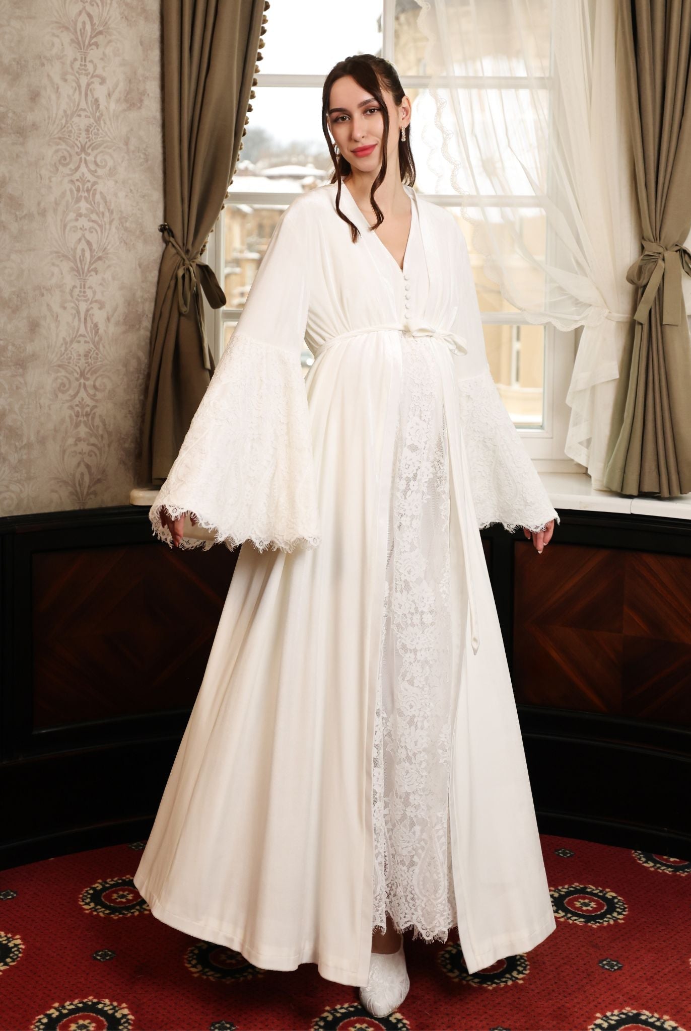 Full-length view of the Velvet Robe and Nightgown Set in motion, capturing its regal and flowing silhouette.