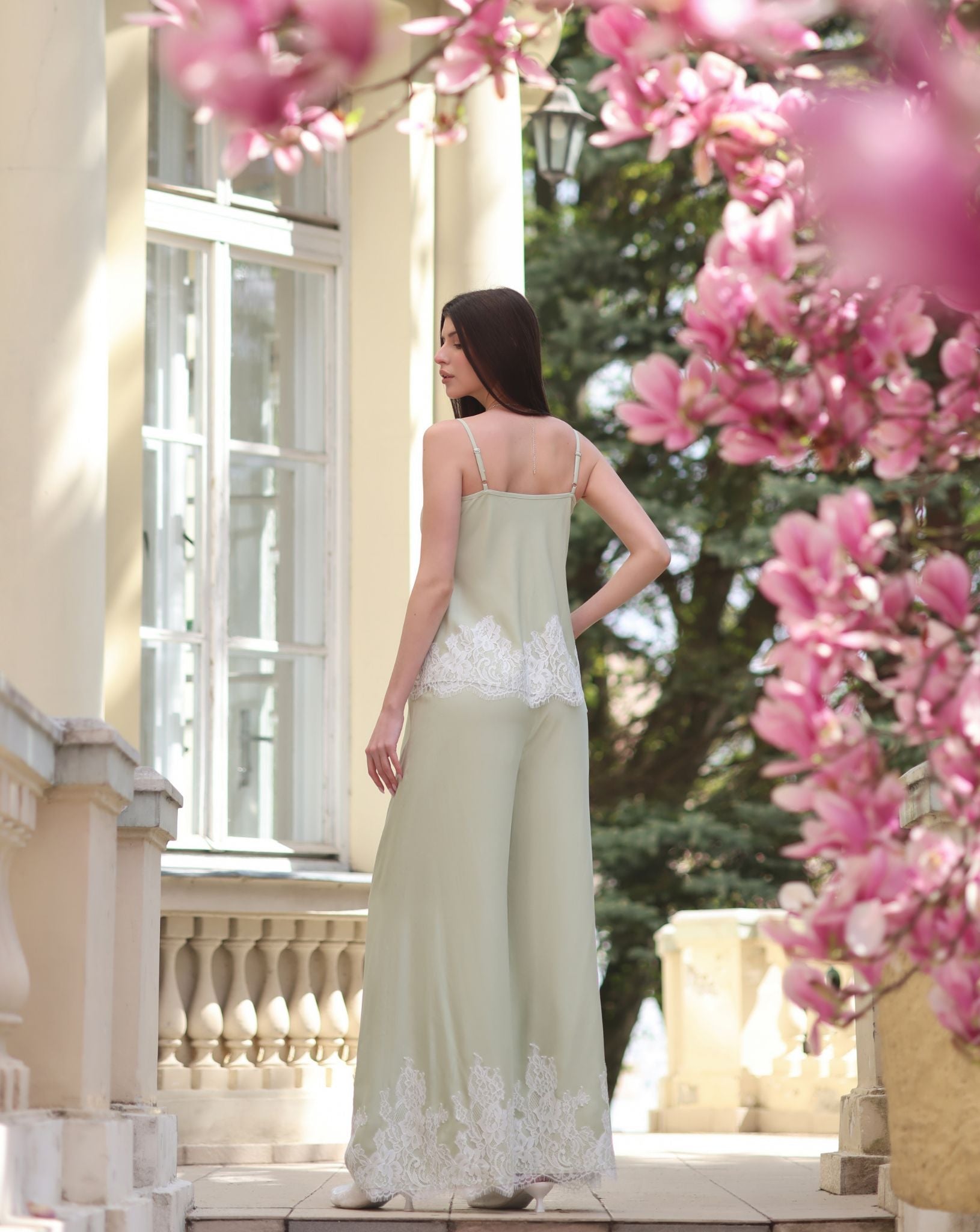 Rear view of the Pyjamas set without the robe, demonstrating the clean lines and effortless drape of the trousers.