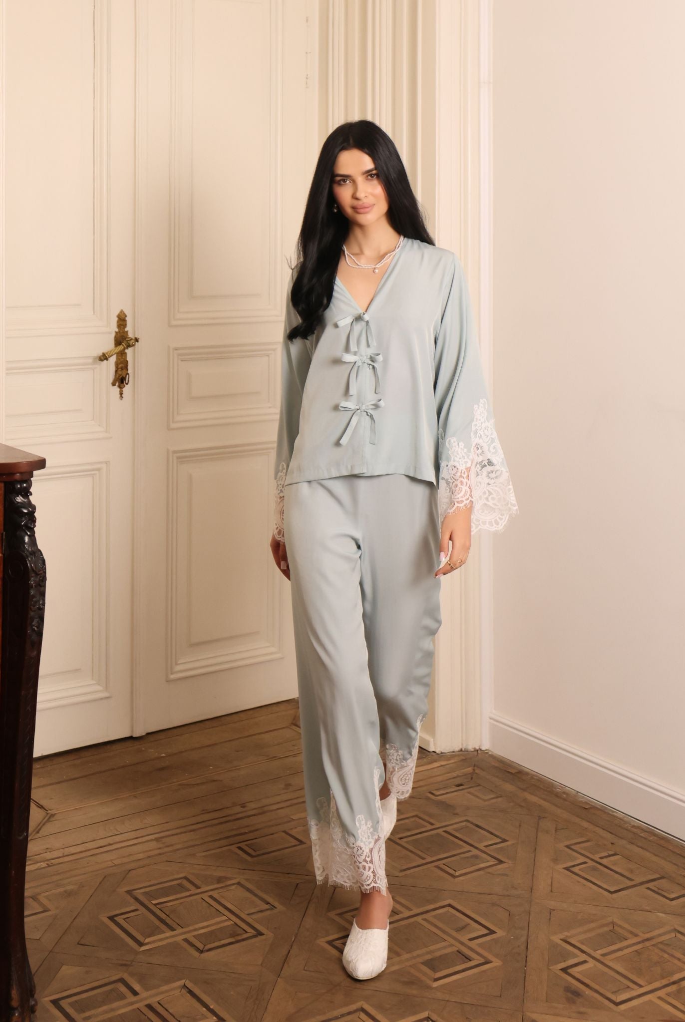 A full-length motion shot of the Pajama Pants and Top, showcasing the fluid viscose and breathable comfort.