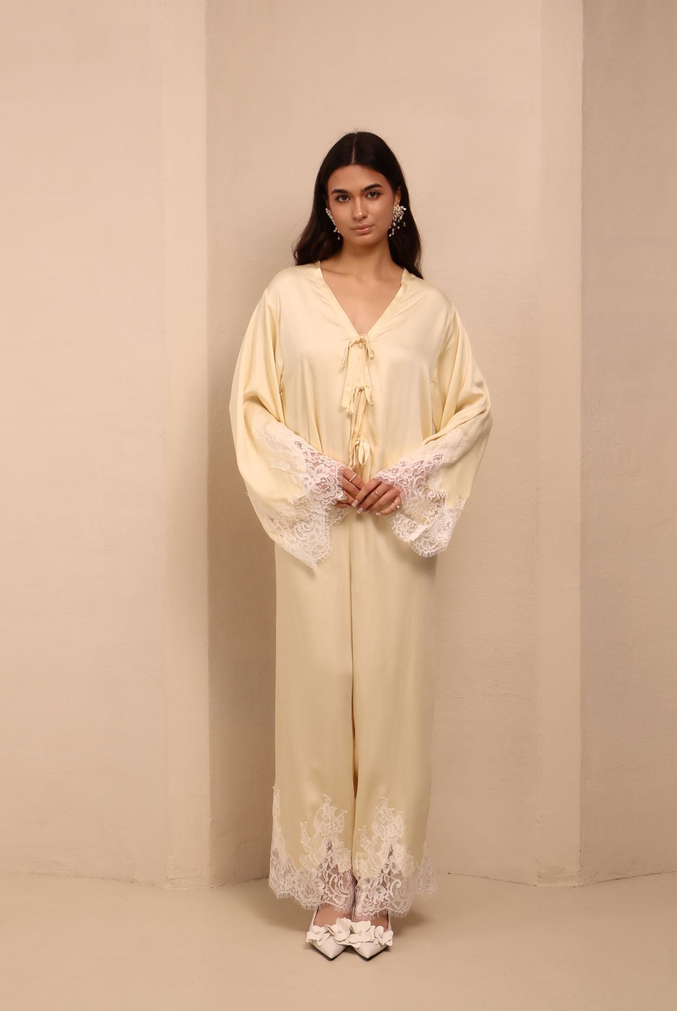 A frontal shot of the Pajama Pants and Top, showcasing the smooth feel and breathable comfort of fluid viscose.