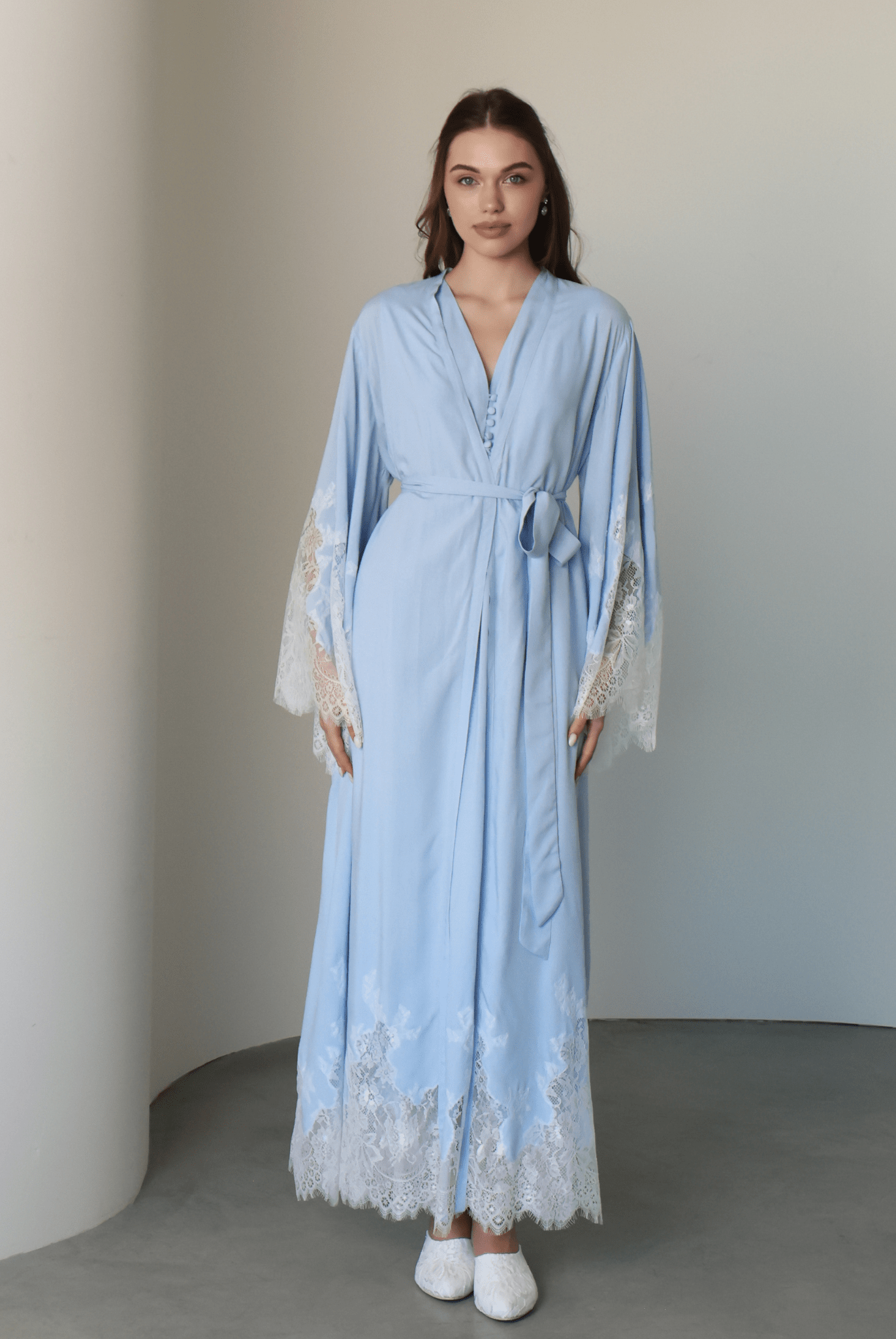 A poised frontal shot of the Robe and Nightgown Set tied with a belt, illustrating a secure and comfortable fit.