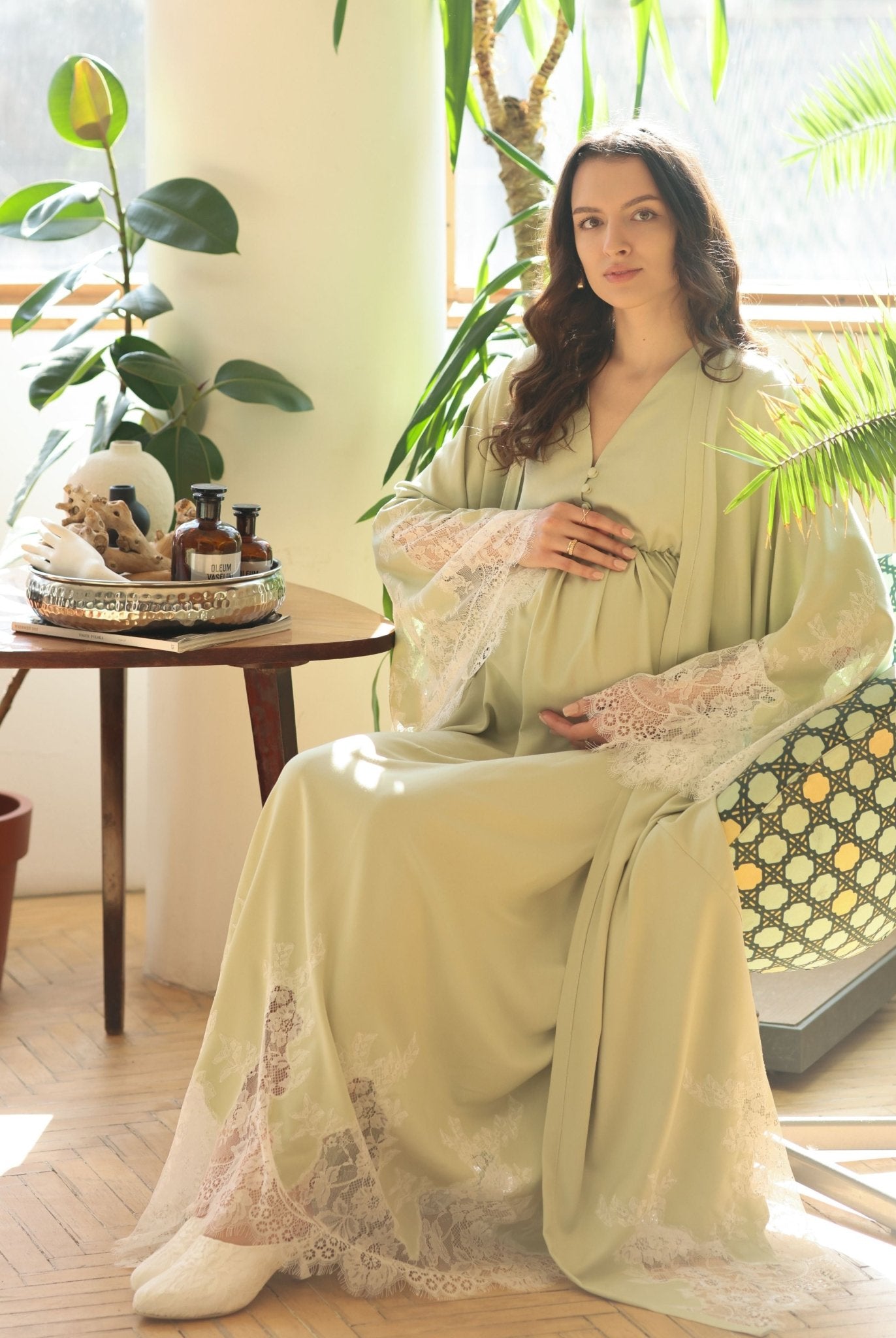 A serene seated view of the set, focusing on the breathable fabric and the relaxed fit for daily wear at home.