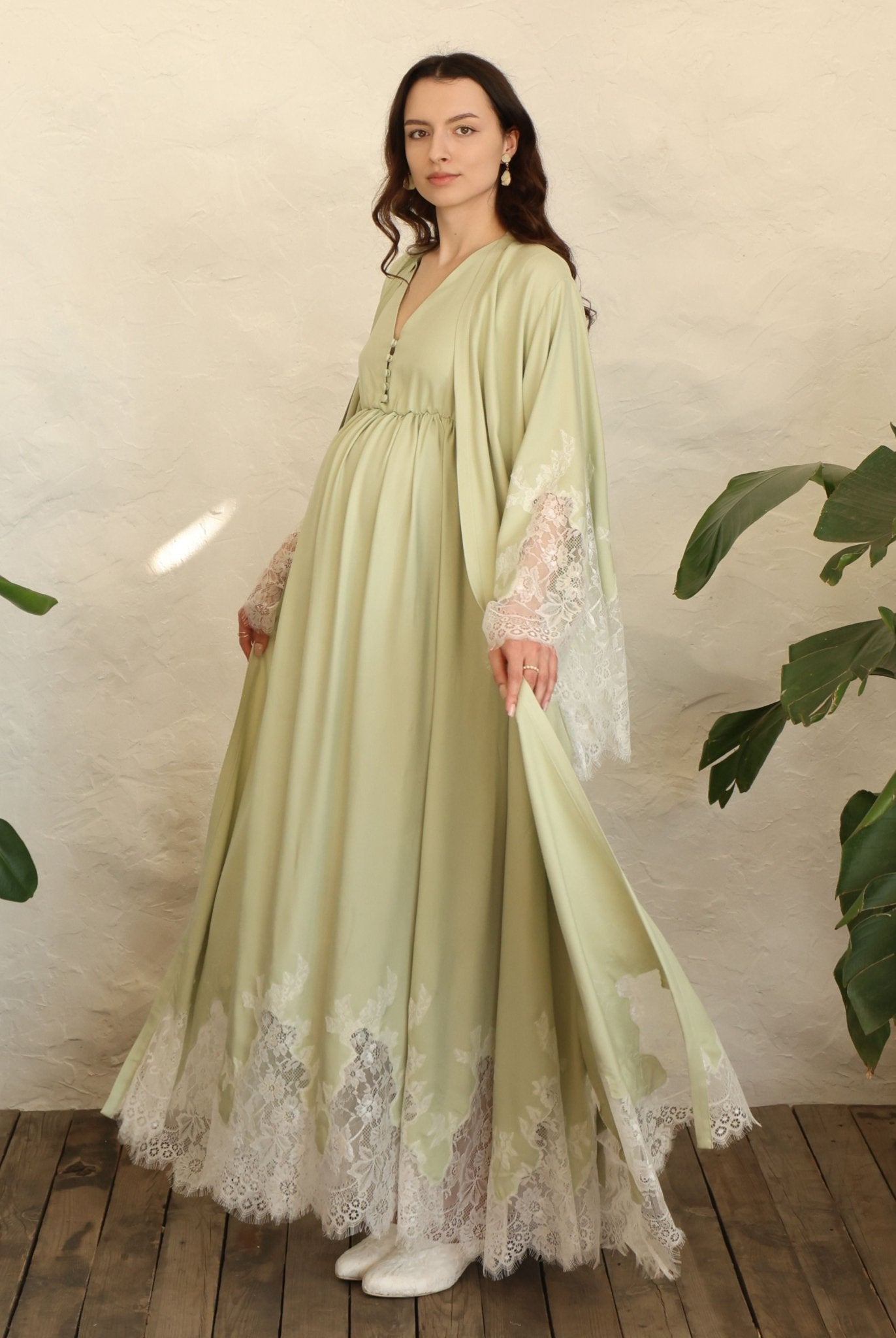 A dynamic frontal view of the Robe and Nightgown Set, capturing the airy movement of the soft cotton blend.