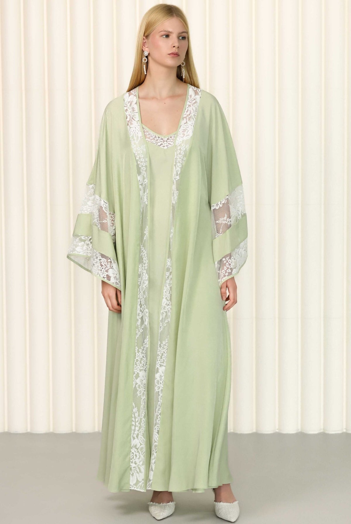 Full-length sage green lace robe and nightgown set with floral embroidery