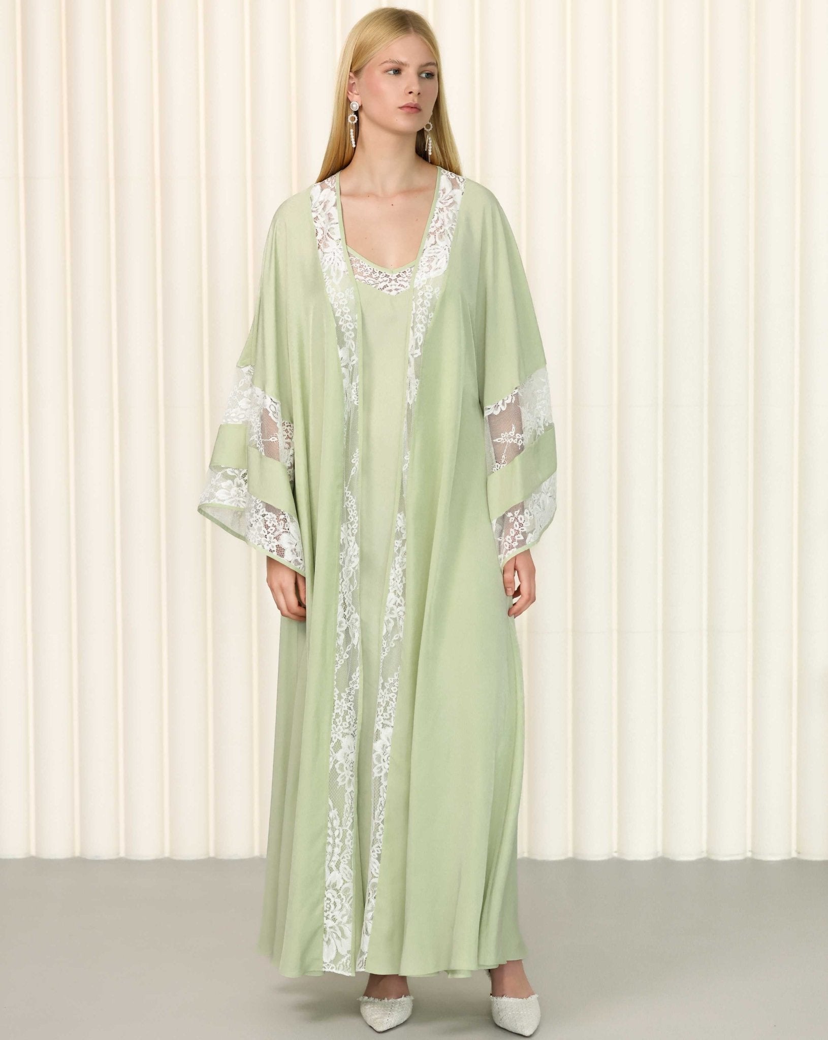 Full-length sage green lace robe and nightgown set with floral embroidery