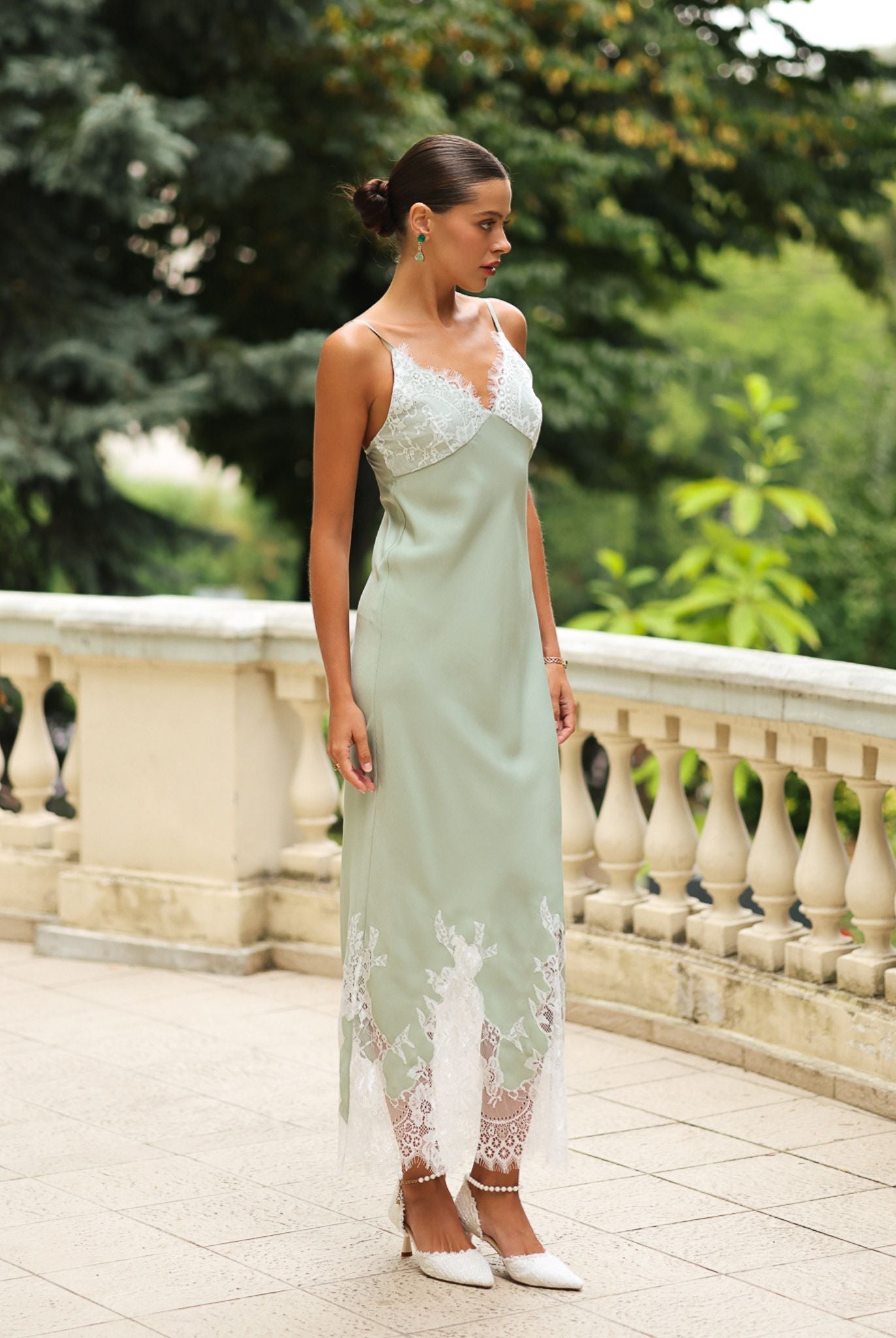 Side perspective of the long nightgown, emphasizing the flattering silhouette and the comfortable, non-restrictive fit.