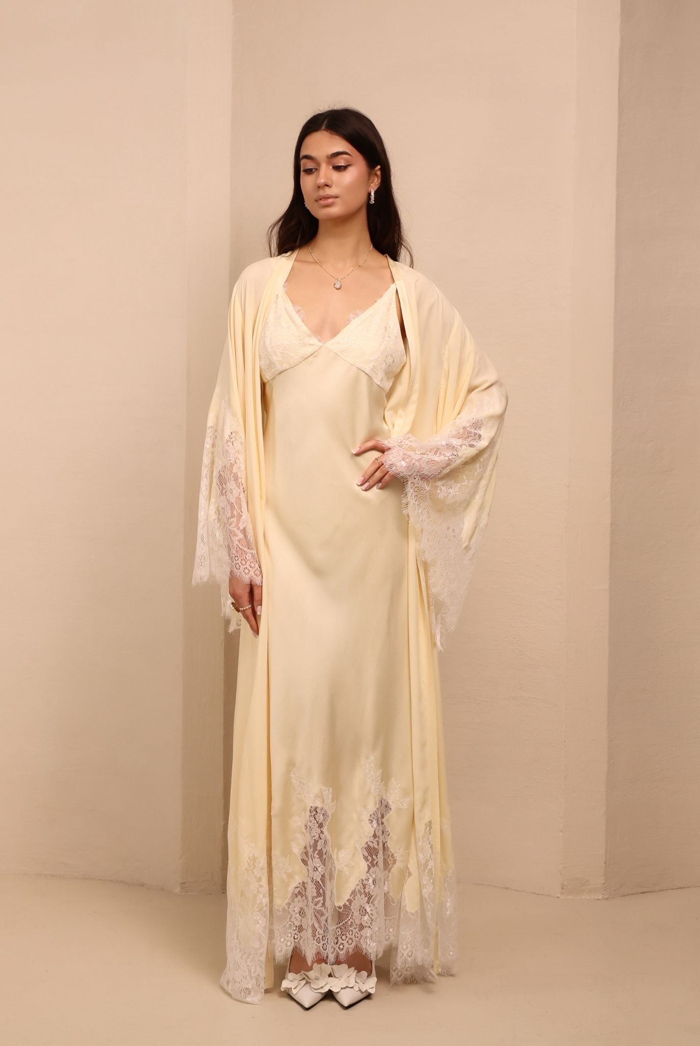 A full-length shot of the Robe and Nightgown Set, capturing the natural softness and reliable comfort for daily wear.