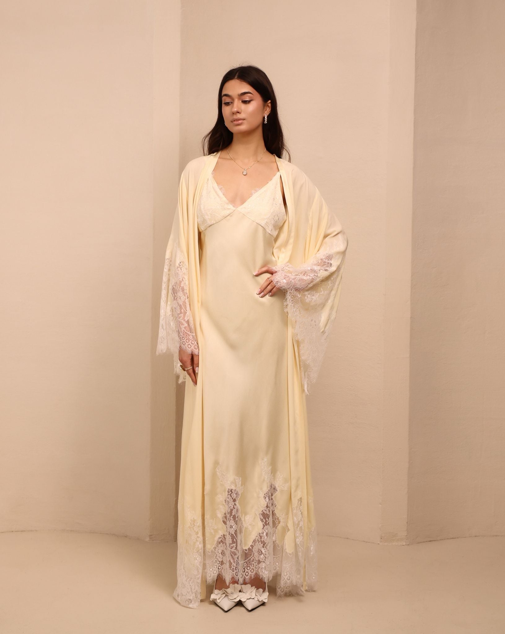 A full-length shot of the Robe and Nightgown Set, capturing the natural softness and reliable comfort for daily wear.
