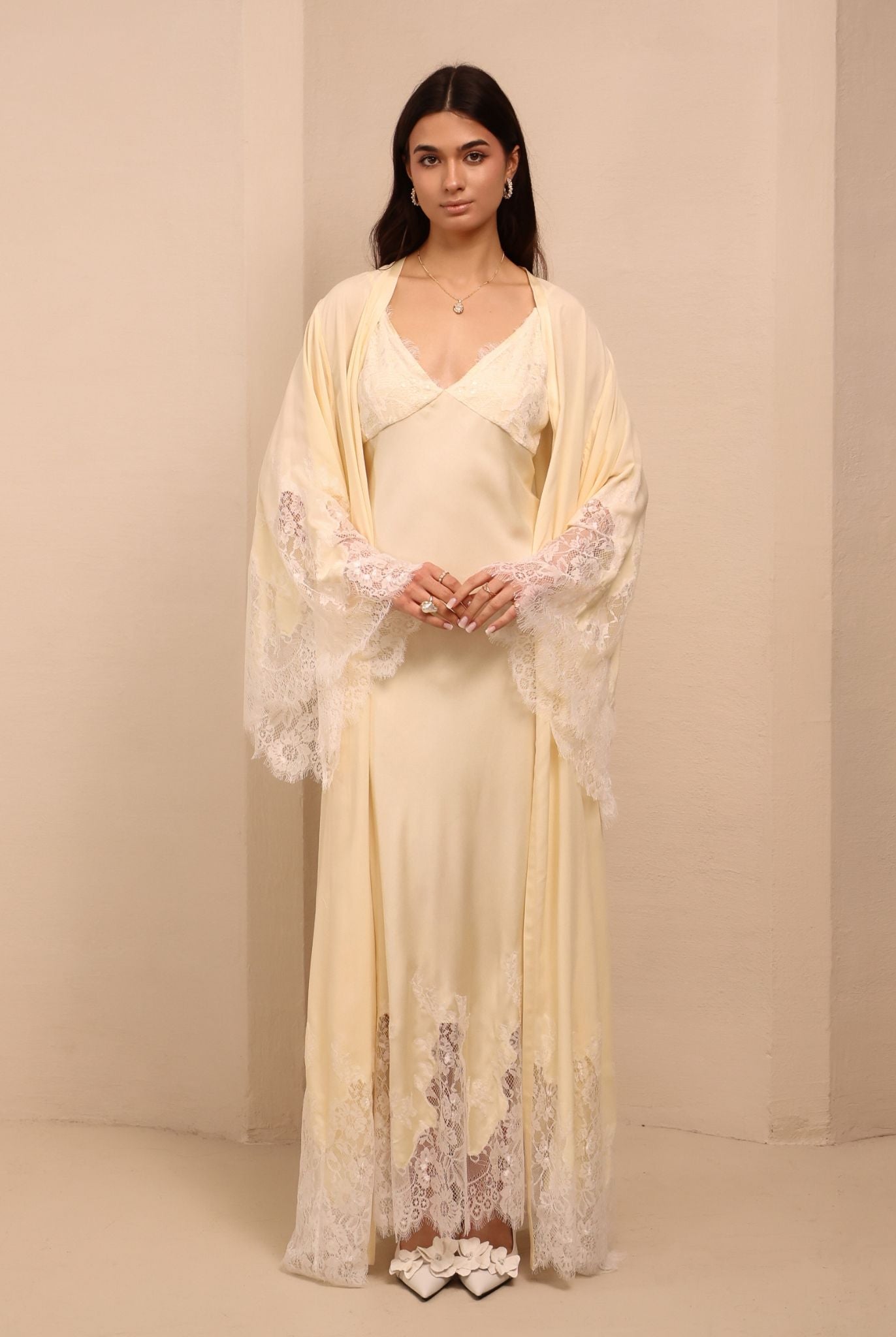 A static view of the open ensemble, showcasing the light and cool fabric that feels gentle on the skin.