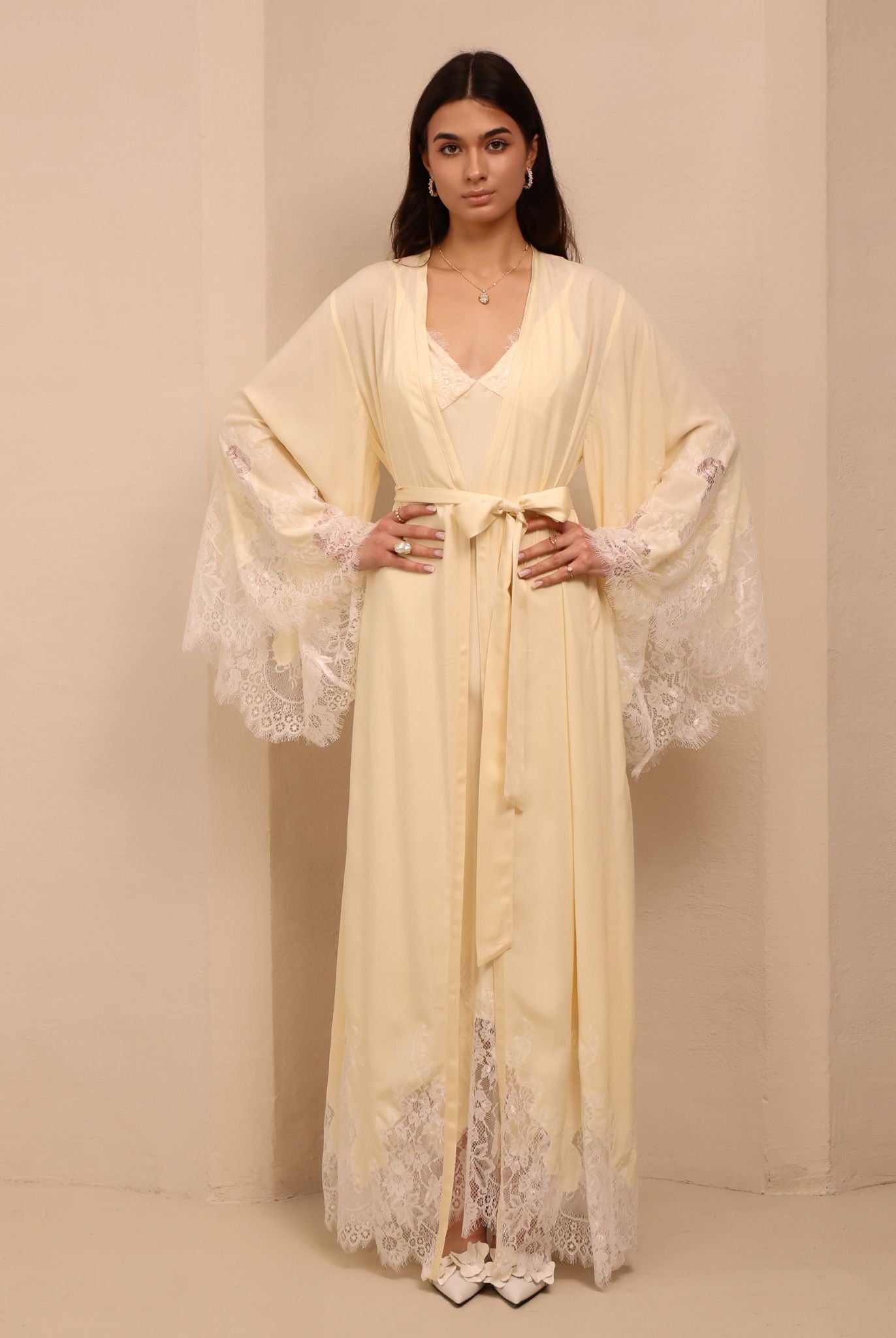 A frontal shot of the Robe and Nightgown Set tied with a belt, illustrating a clean look and adjustable fit.