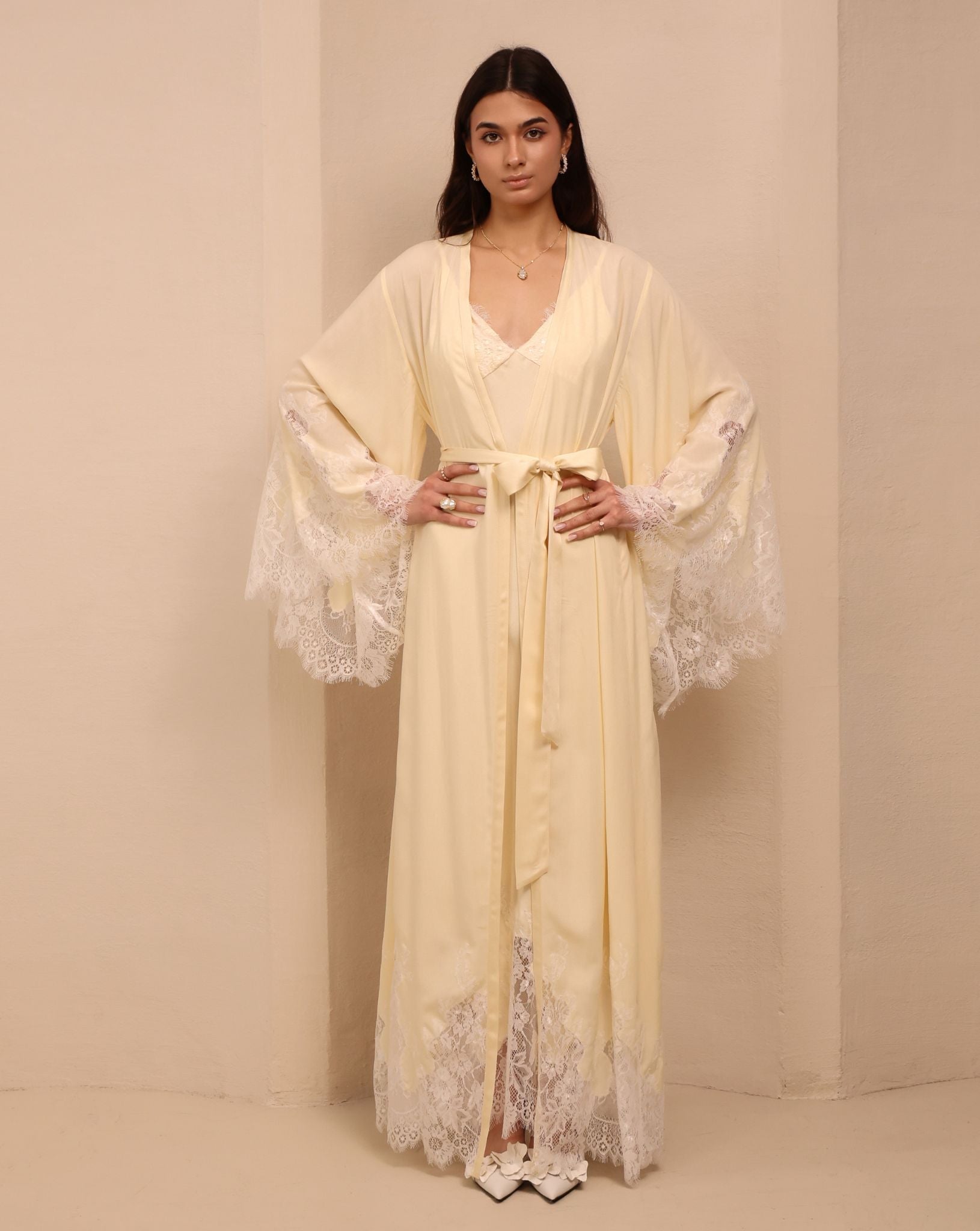 A frontal shot of the Robe and Nightgown Set tied with a belt, illustrating a clean look and adjustable fit.