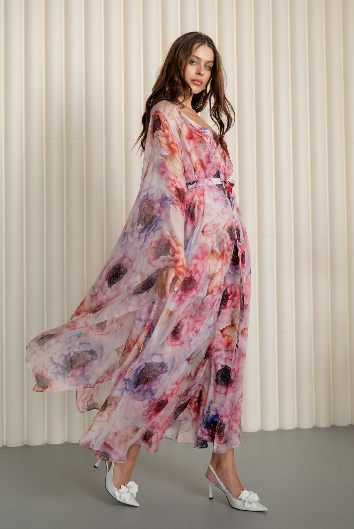 Floral Silk Robe and Nightgown Set in motion, showcasing the fluid grace of the weightless silk chiffon fabric.