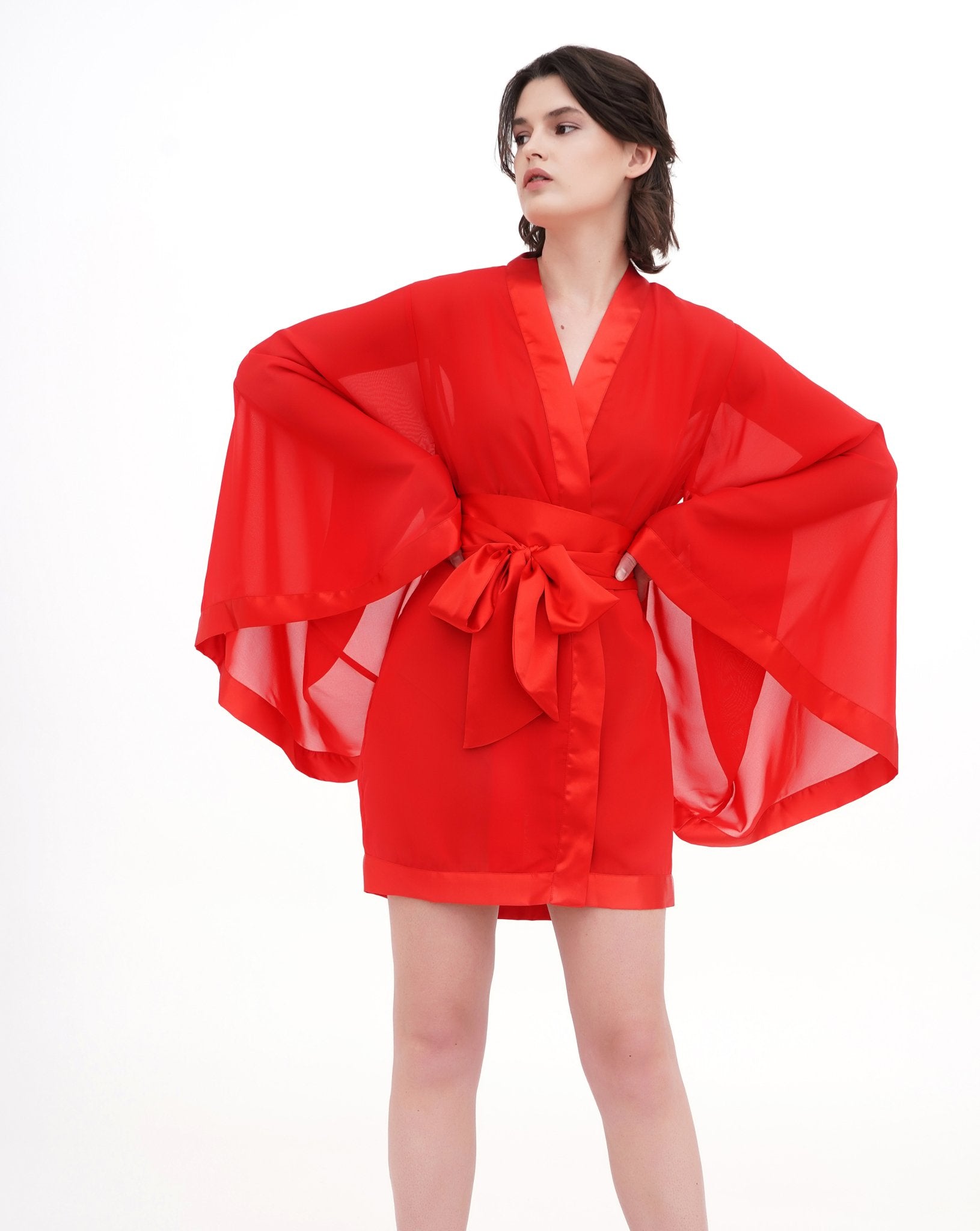 Model wearing bold red sheer sexy robe with wide sleeves – Kafemme