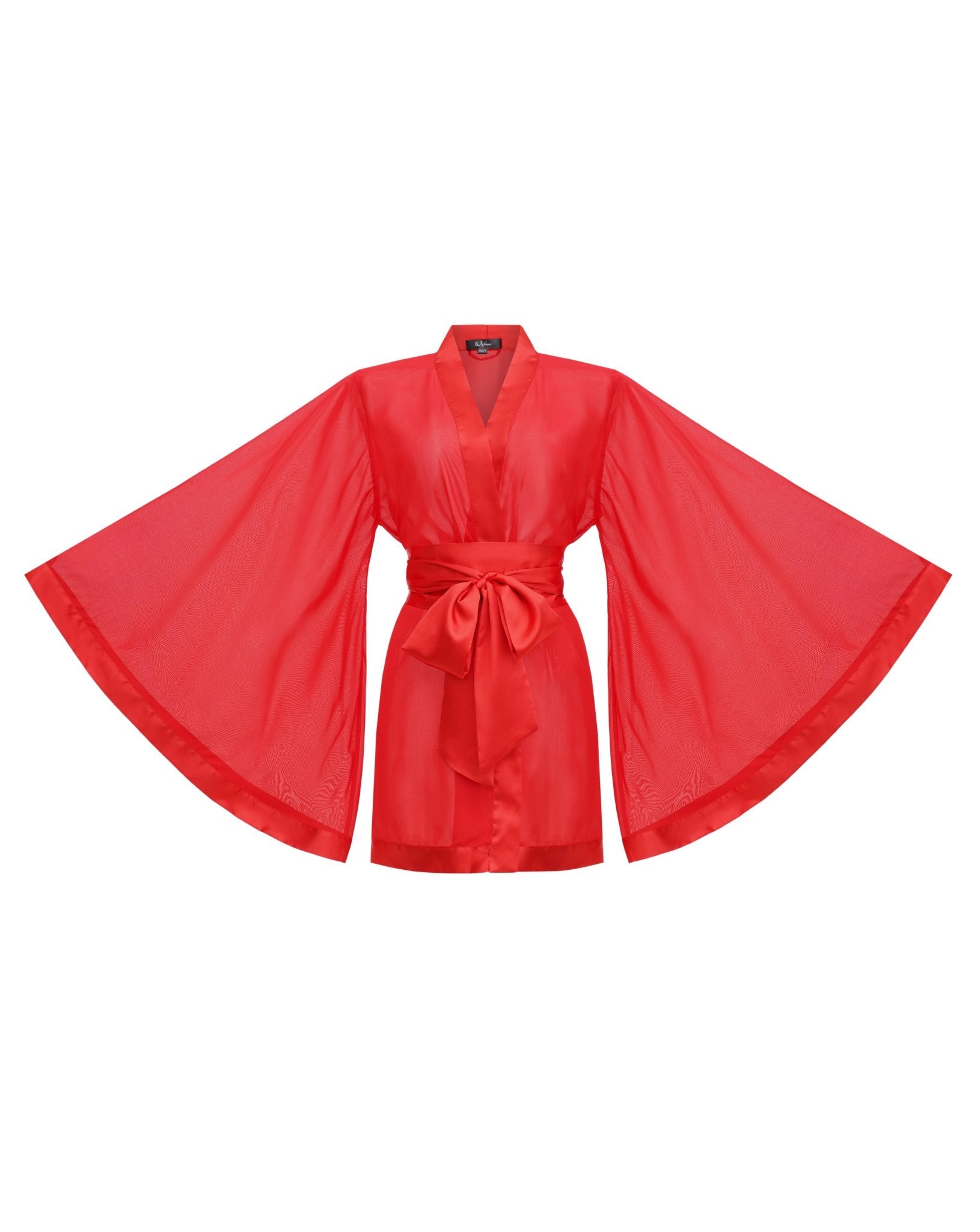 Flat lay of red sheer kimono robe with dramatic silhouette – Kafemme