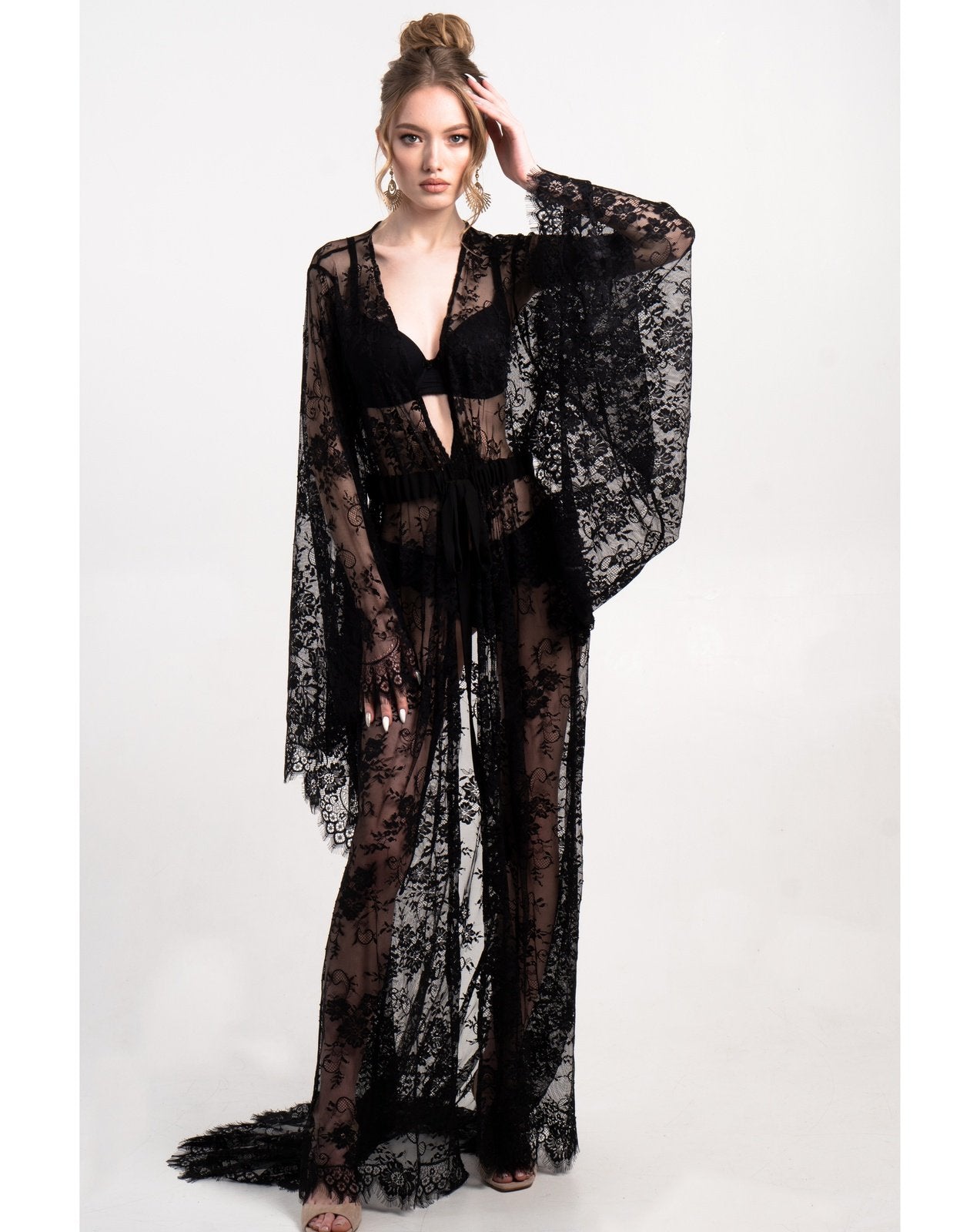 Black lace robe with scalloped hem and bell sleeves