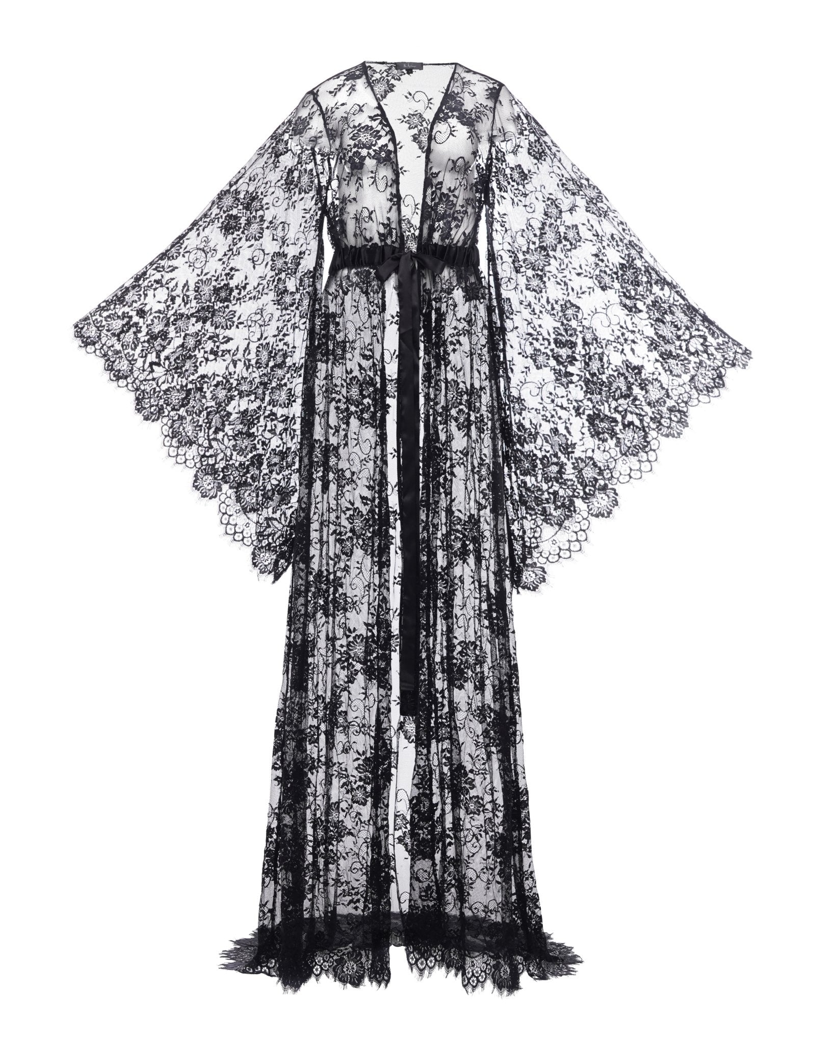 Black lace robe displayed flat with flared sleeves