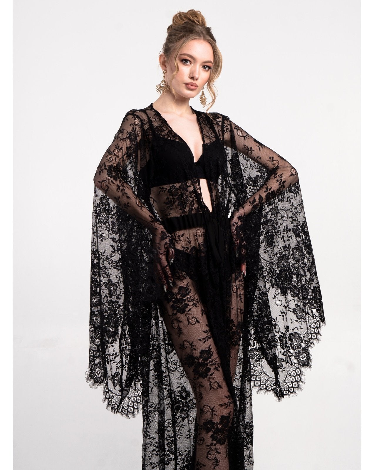 Black lace robe with sash, styled over lingerie