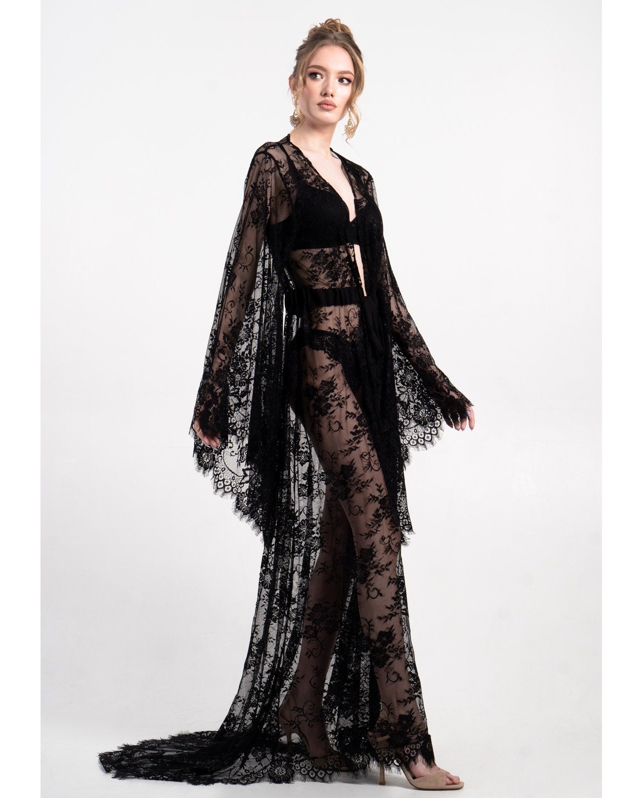 Black full-length lace robe with cinched waist
