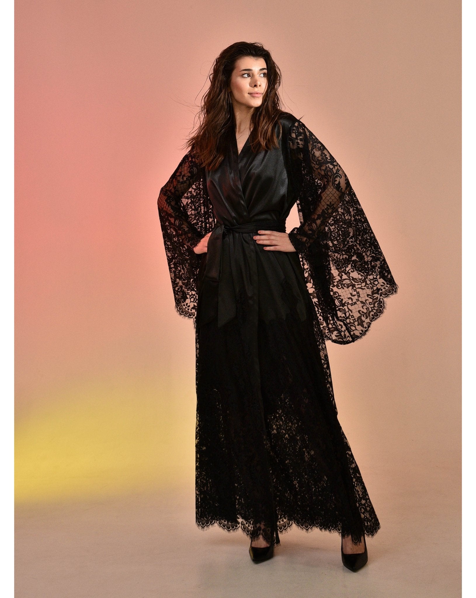 Elegant Woman Wearing Long Black Lace Robe Set from Kafemme
