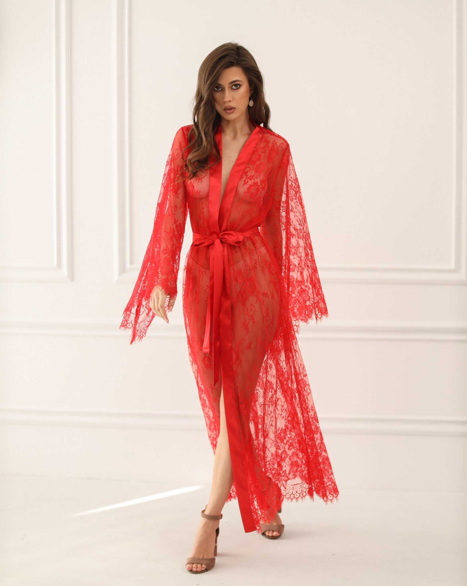 Long red sheer lace robe for women – seductive lingerie by Kafemme