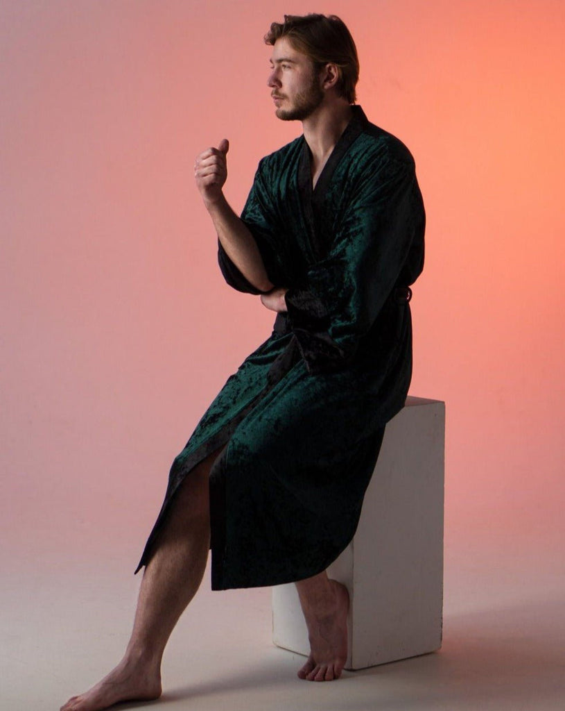Crushed Velvet Green Kimono Mens