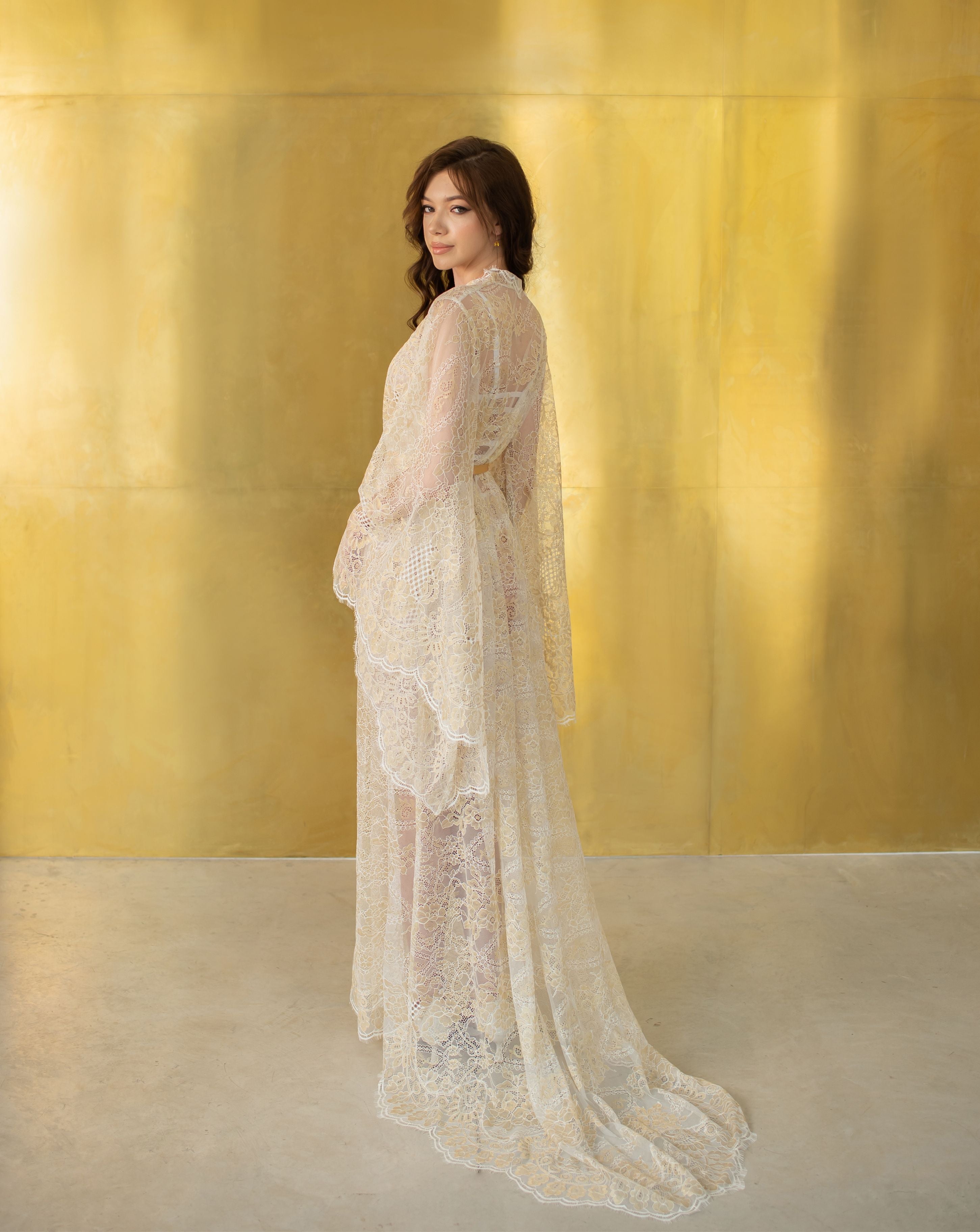 Lace Robe for Bride, Long Lace Robe, Sheer Lace Robe, White