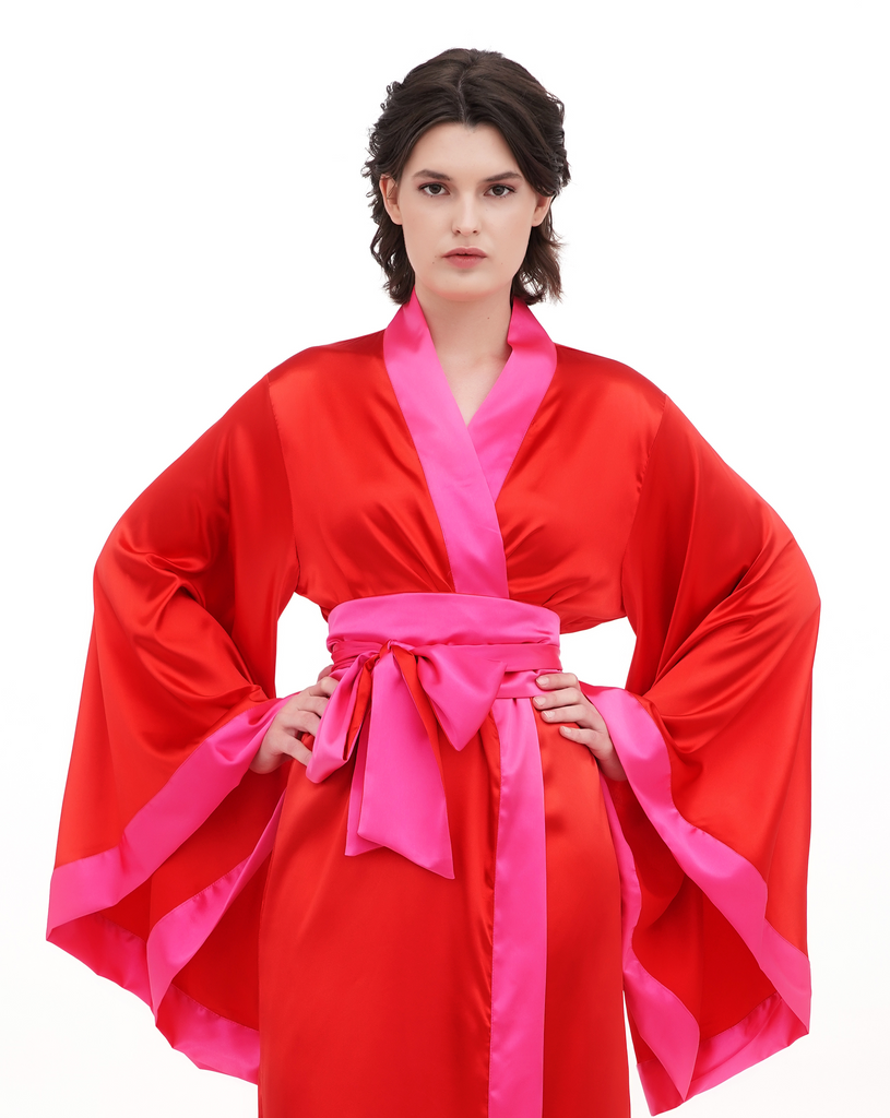 Kami Long Satin Kimono Robe - Red