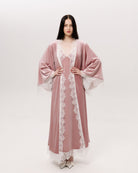 Full-length view of the Velvet Robe and Nightgown Set tied with a belt, illustrating a regal loungewear silhouette.