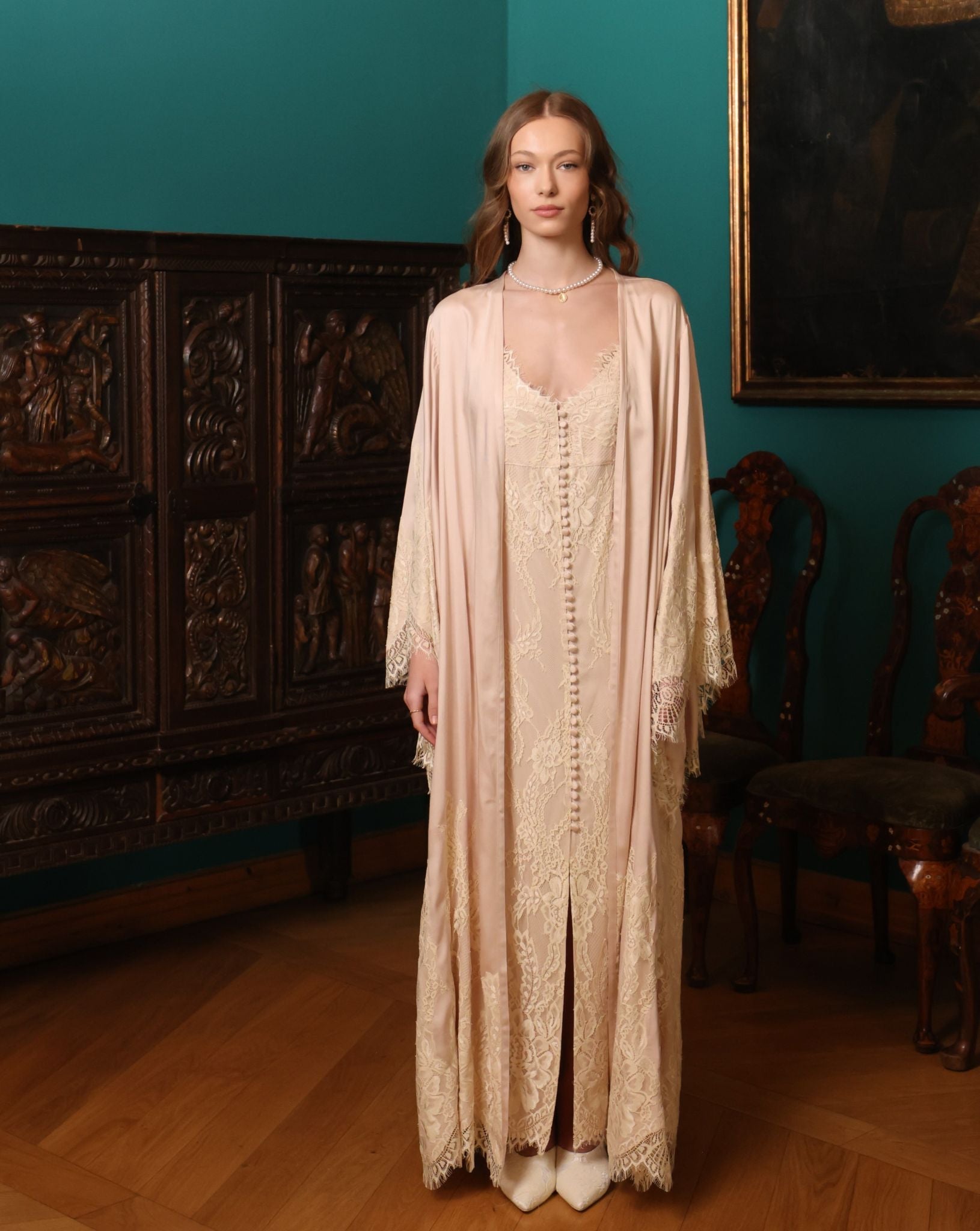 A poised frontal view of the ensemble, showcasing the timeless blend of comfort and refinement in soft rayon.