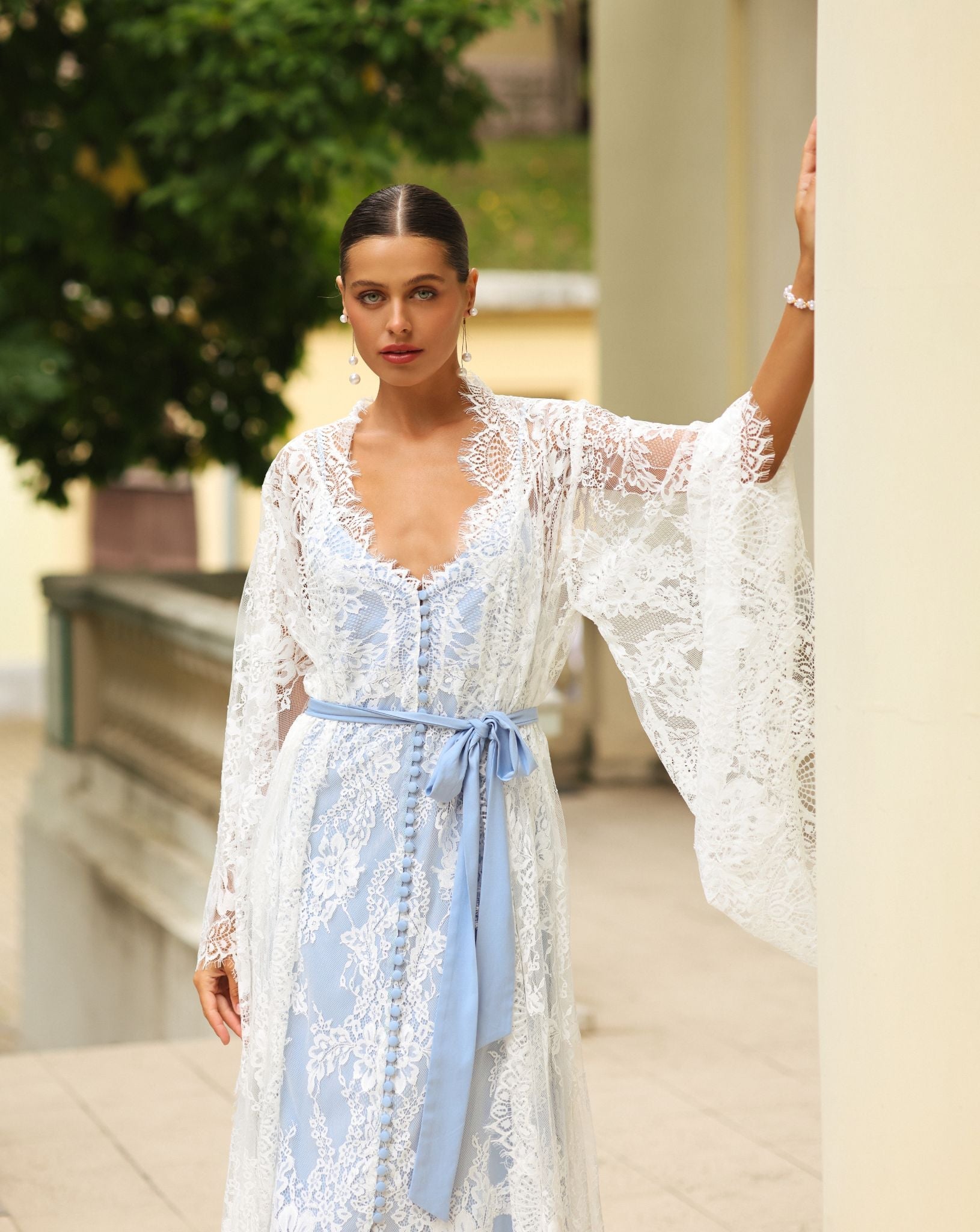 Kafemme robe set in powder blue lace, styled with gentle volume and soft curls