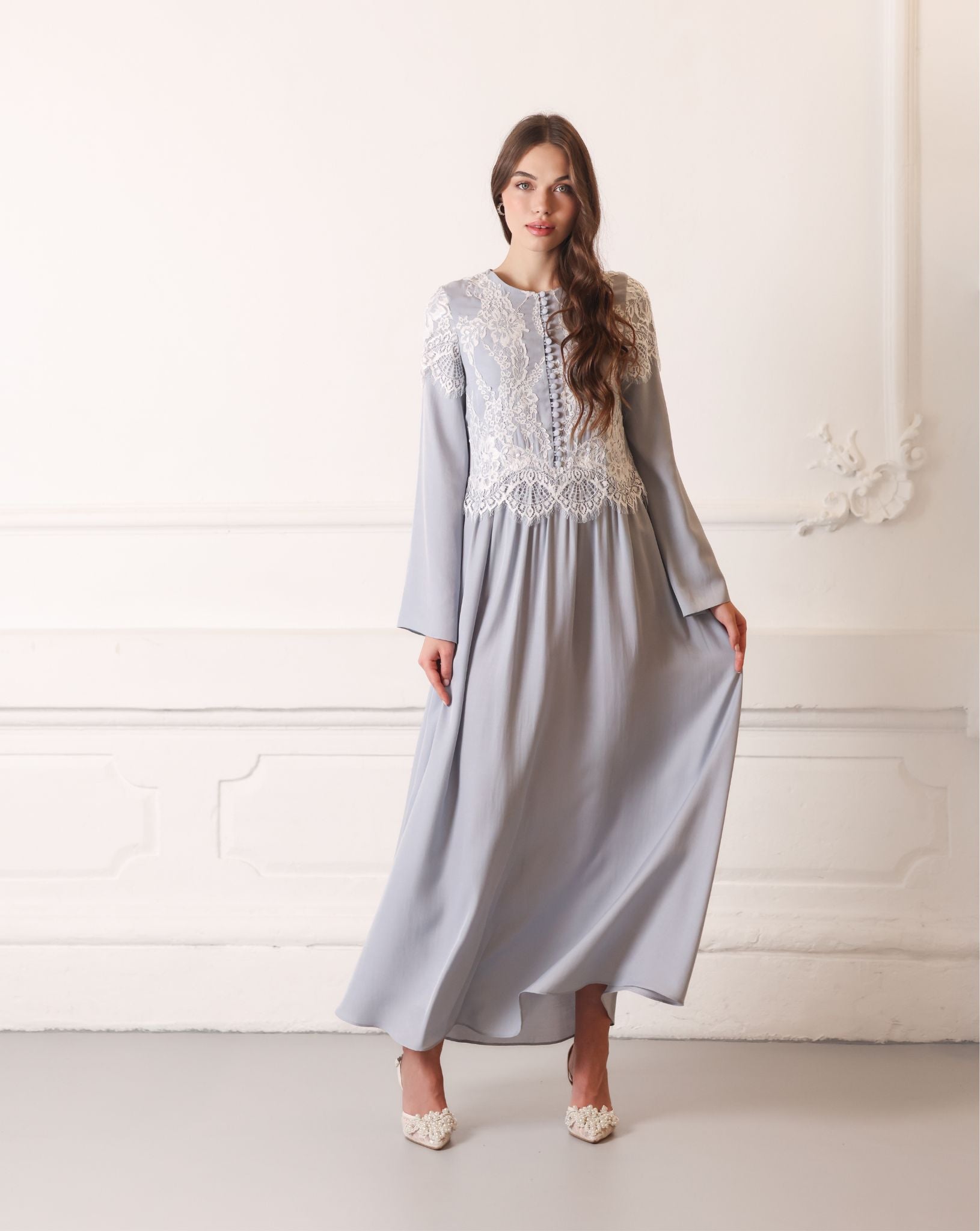 Flowing nightgown in motion, highlighting the soft viscose fabric and modest, airy silhouette.