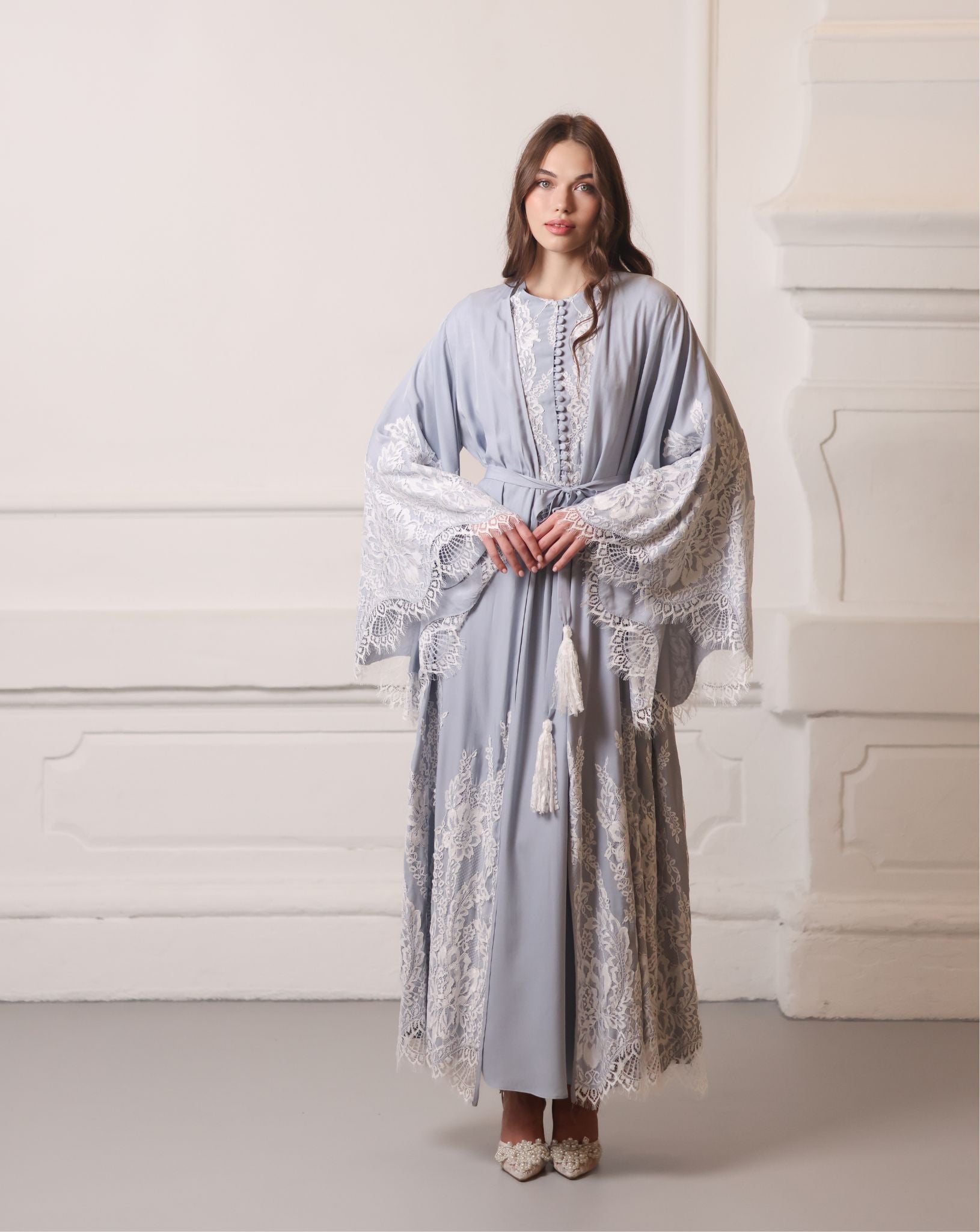 Modest Robe and Nightgown Set showcasing beautiful wide sleeves decorated with floral French lace.