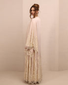 Side perspective of the open ensemble, showcasing the wide sleeves decorated with soft floral French lace.