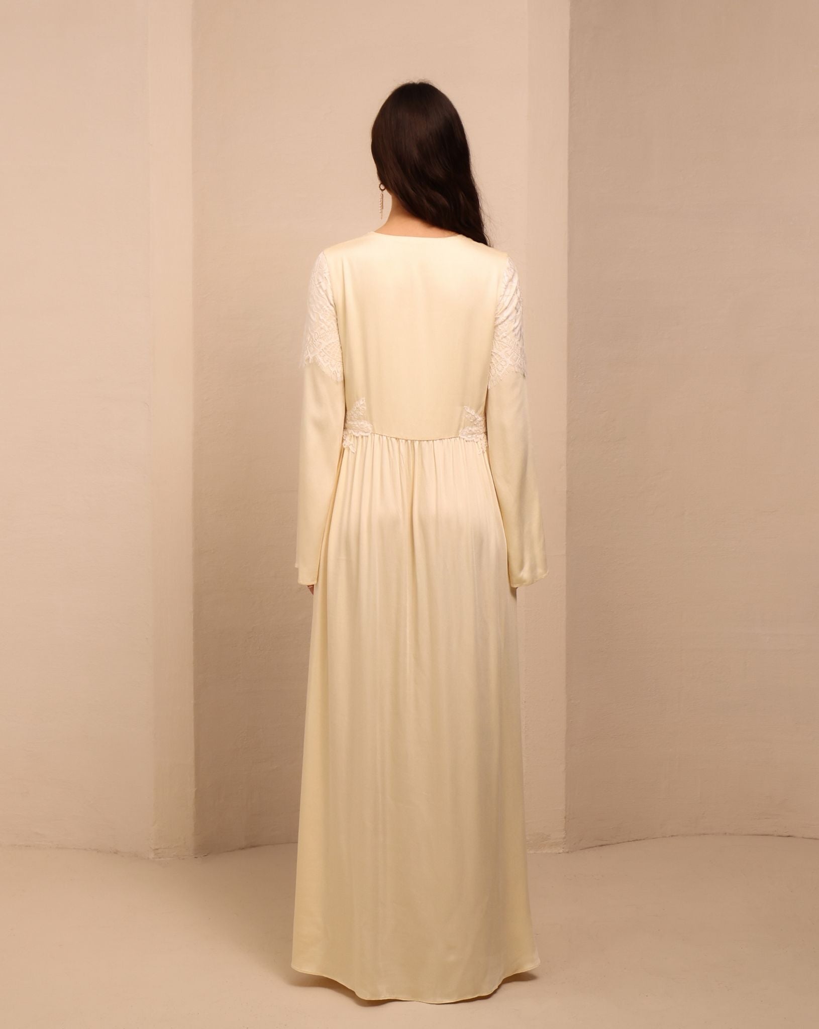 Rear view of the Robe and Nightgown Set dress, showcasing the gentle drape of light viscose on the body.